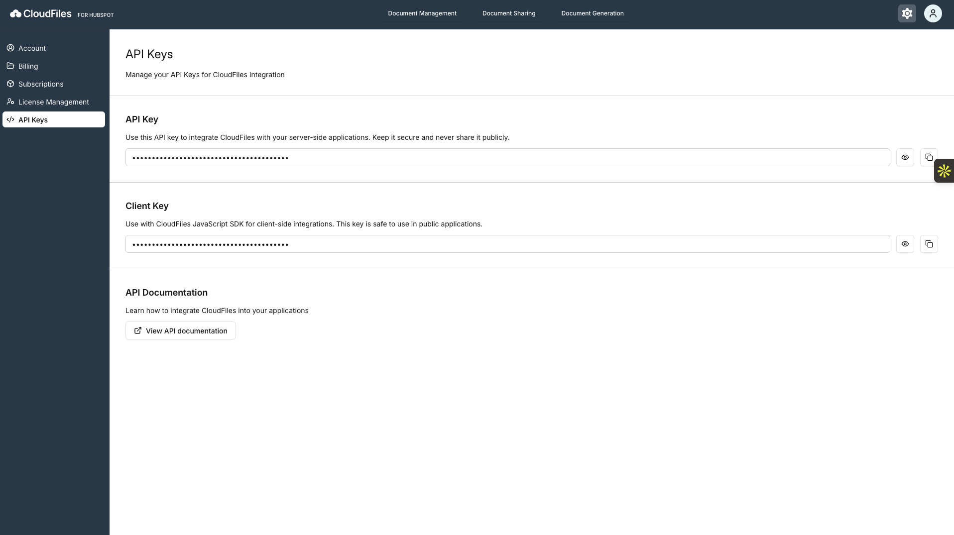 CloudFiles API Keys screen in HubSpot