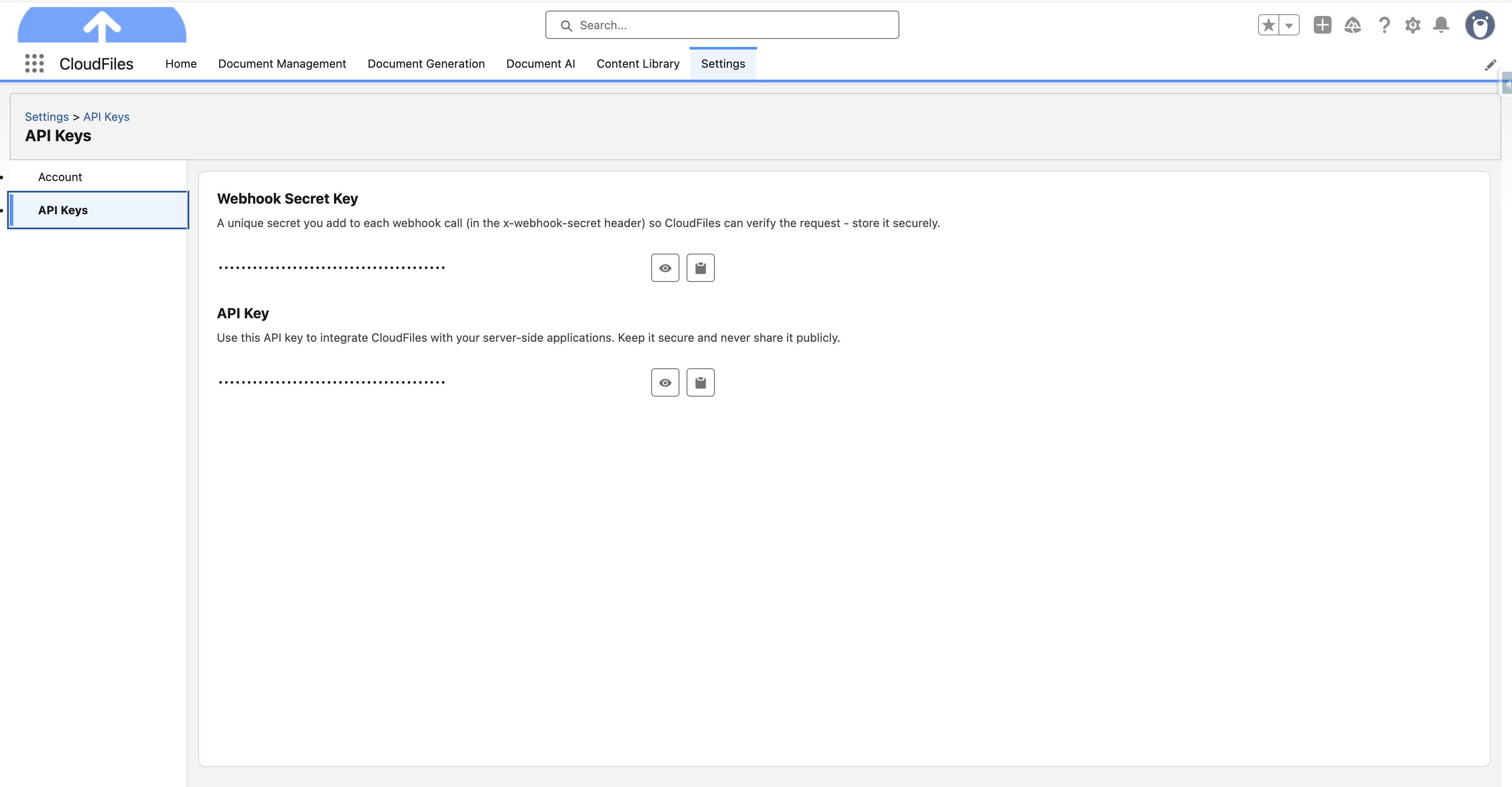 CloudFiles Settings page in Salesforce showing the API Keys tab