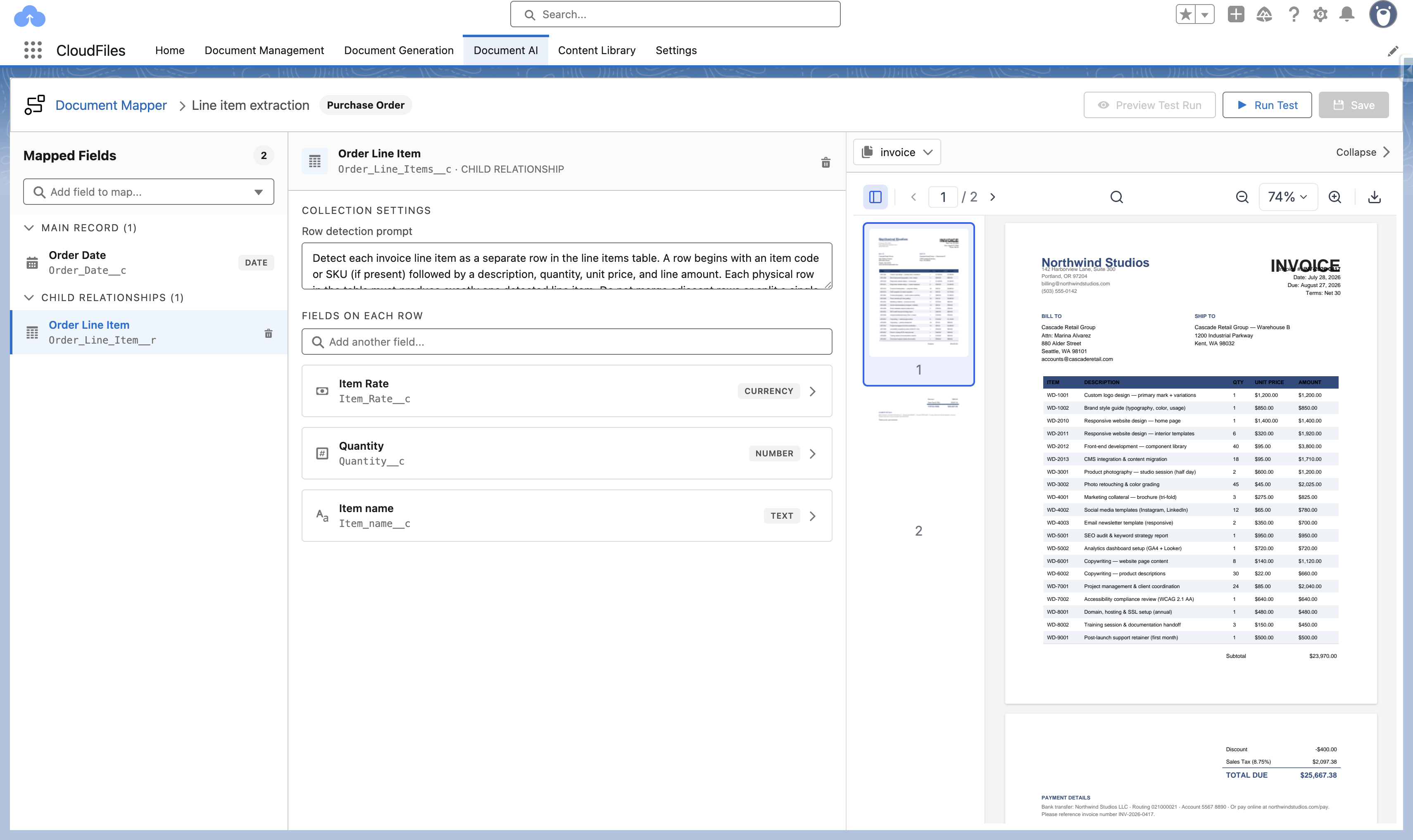 The field mapping workspace with the Mapped Fields rail, the field editor, and the document preview pane