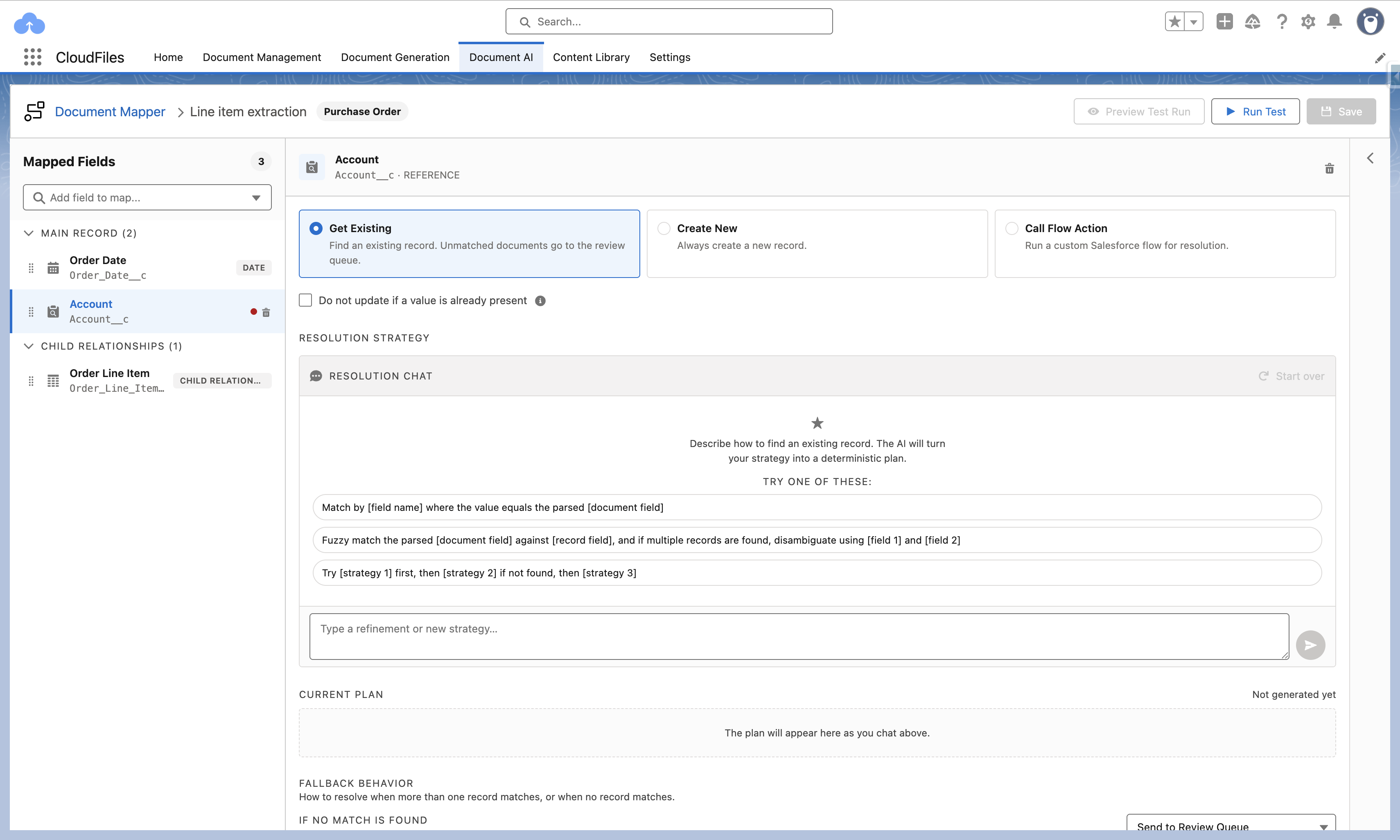 A lookup field set to Get Existing, showing the empty Resolution Chat with suggested strategy patterns