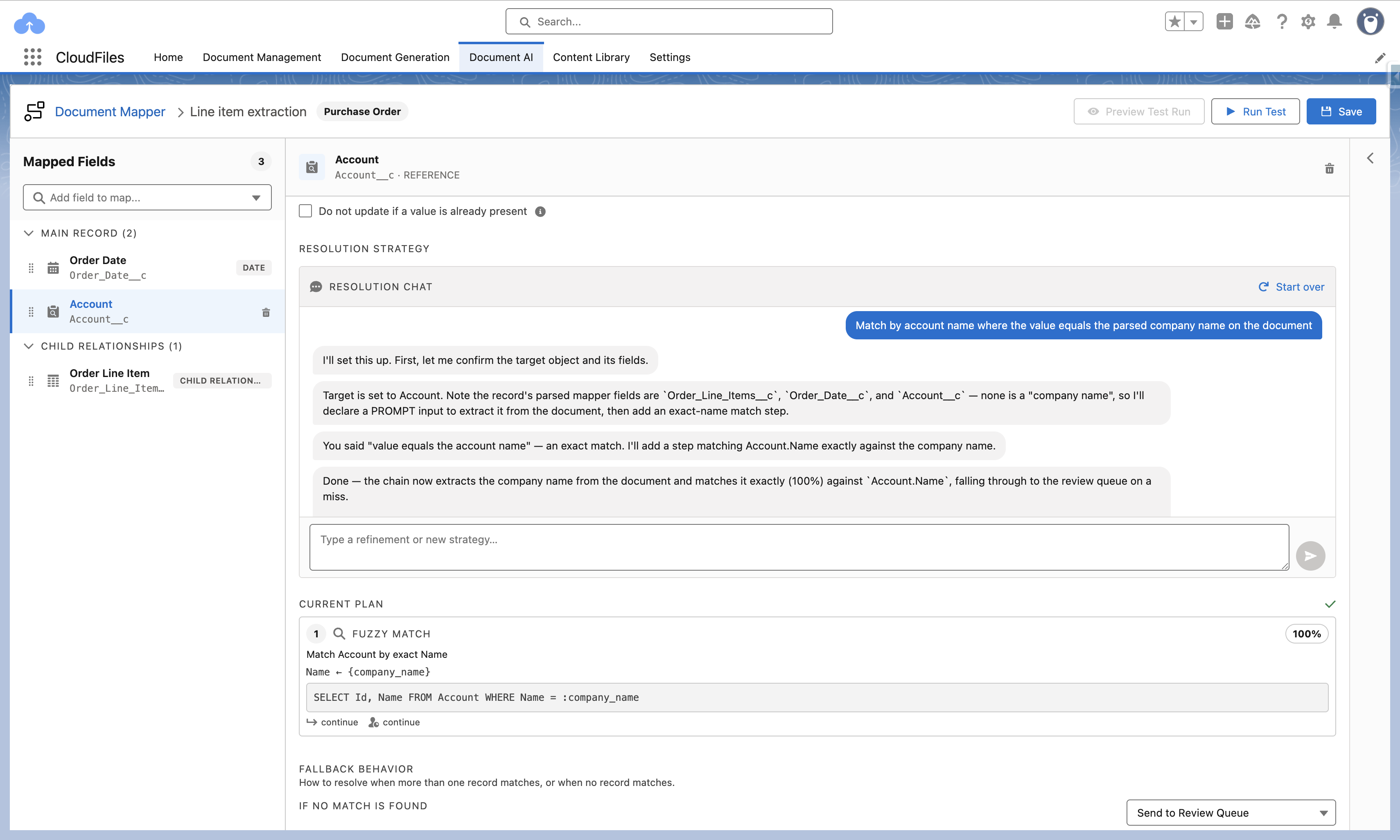 A generated resolution plan showing a fuzzy match step at an 85 percent threshold with its field binding and SOQL query, plus fallback behavior