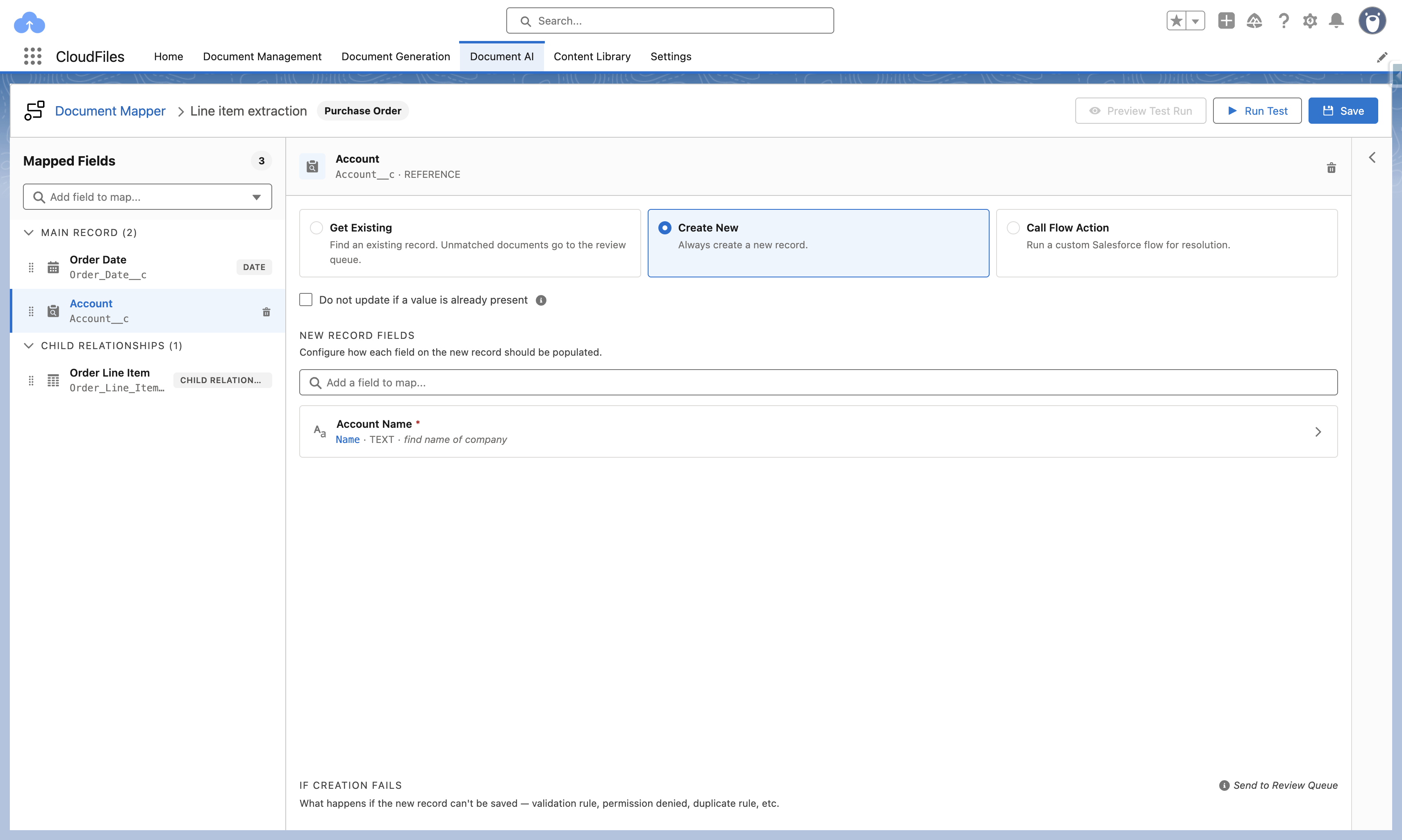 A lookup field set to Create New, showing the New Record Fields section with a required Account Name field and the If Creation Fails setting