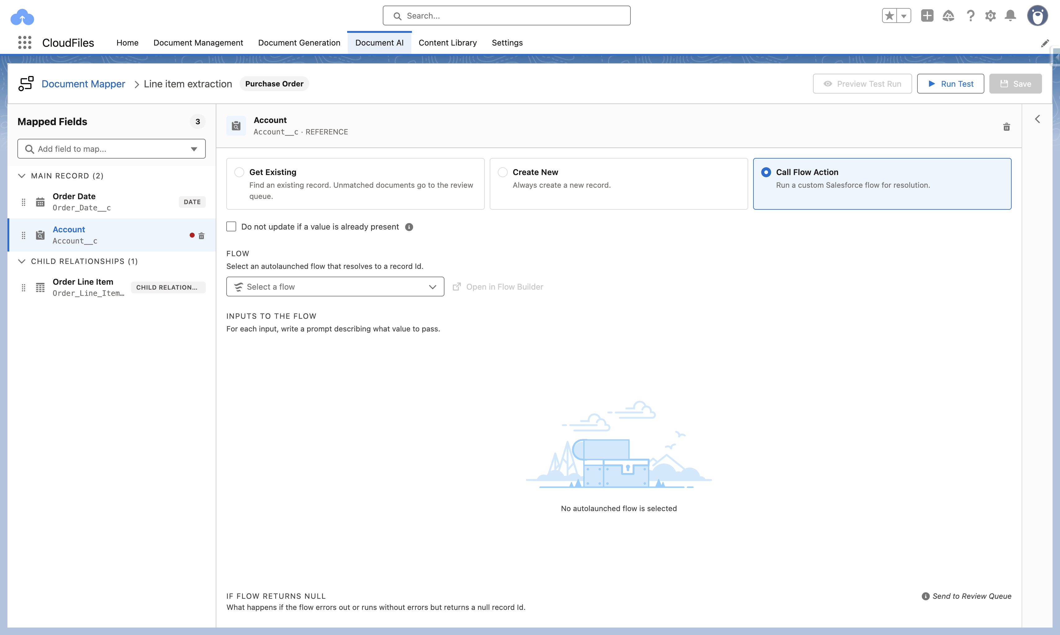 A lookup field set to Call Flow Action, with a flow selector, flow input prompts, and a fallback for when the flow returns null