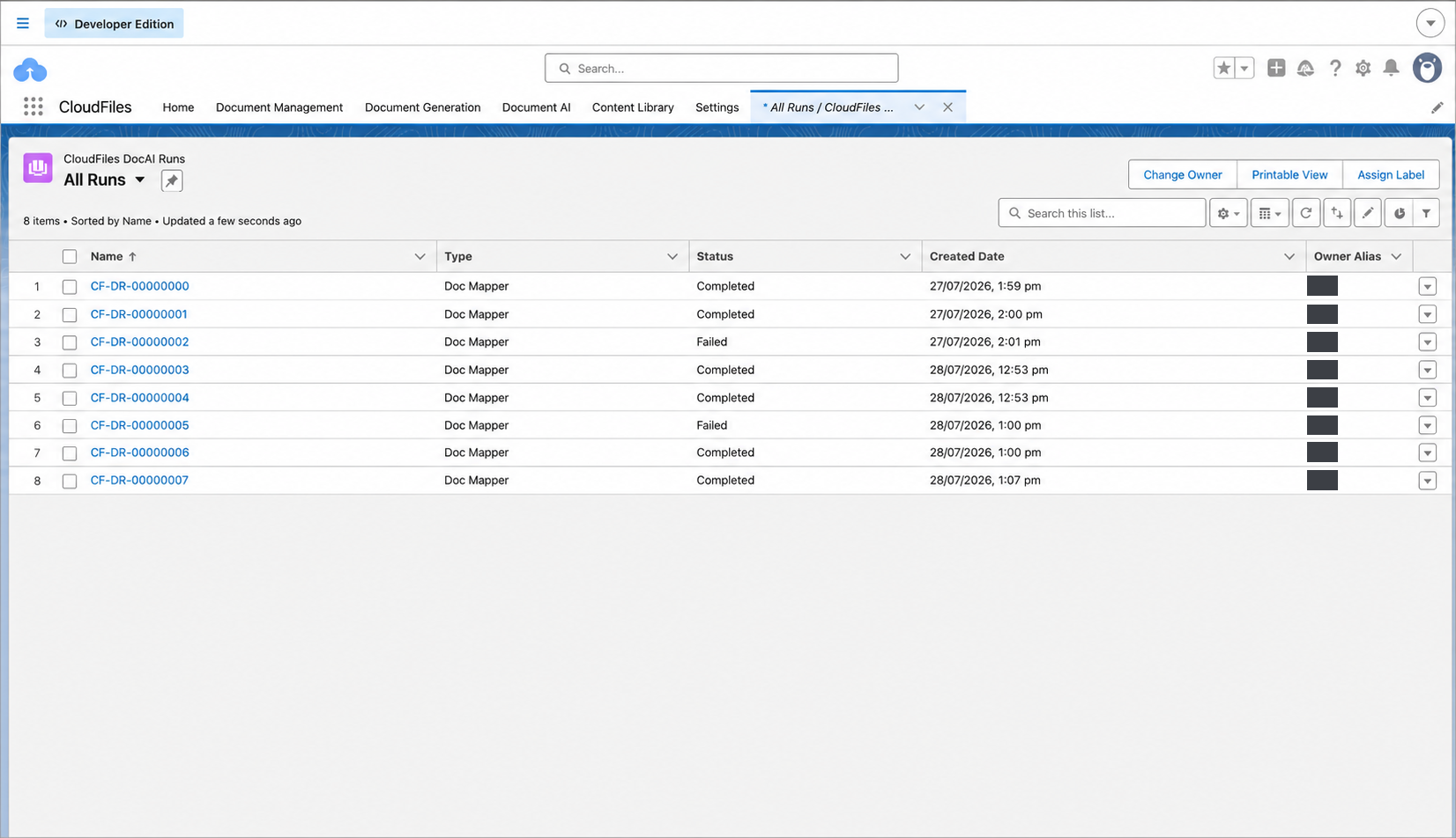 The CloudFiles DocAI Runs All Runs list view showing runs with their type, status, and created date