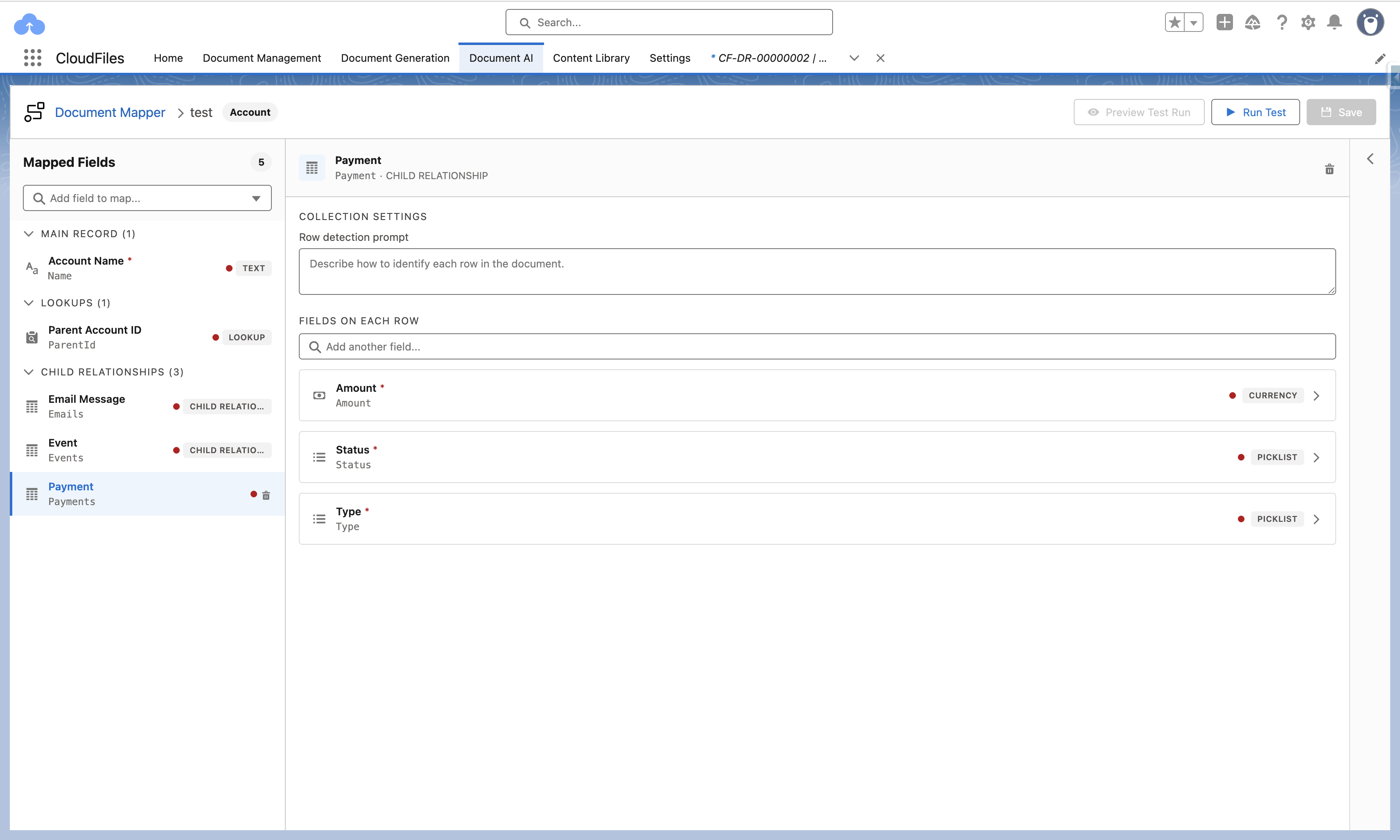 A child relationship editor showing Collection Settings with a row detection prompt and the fields to map on each row