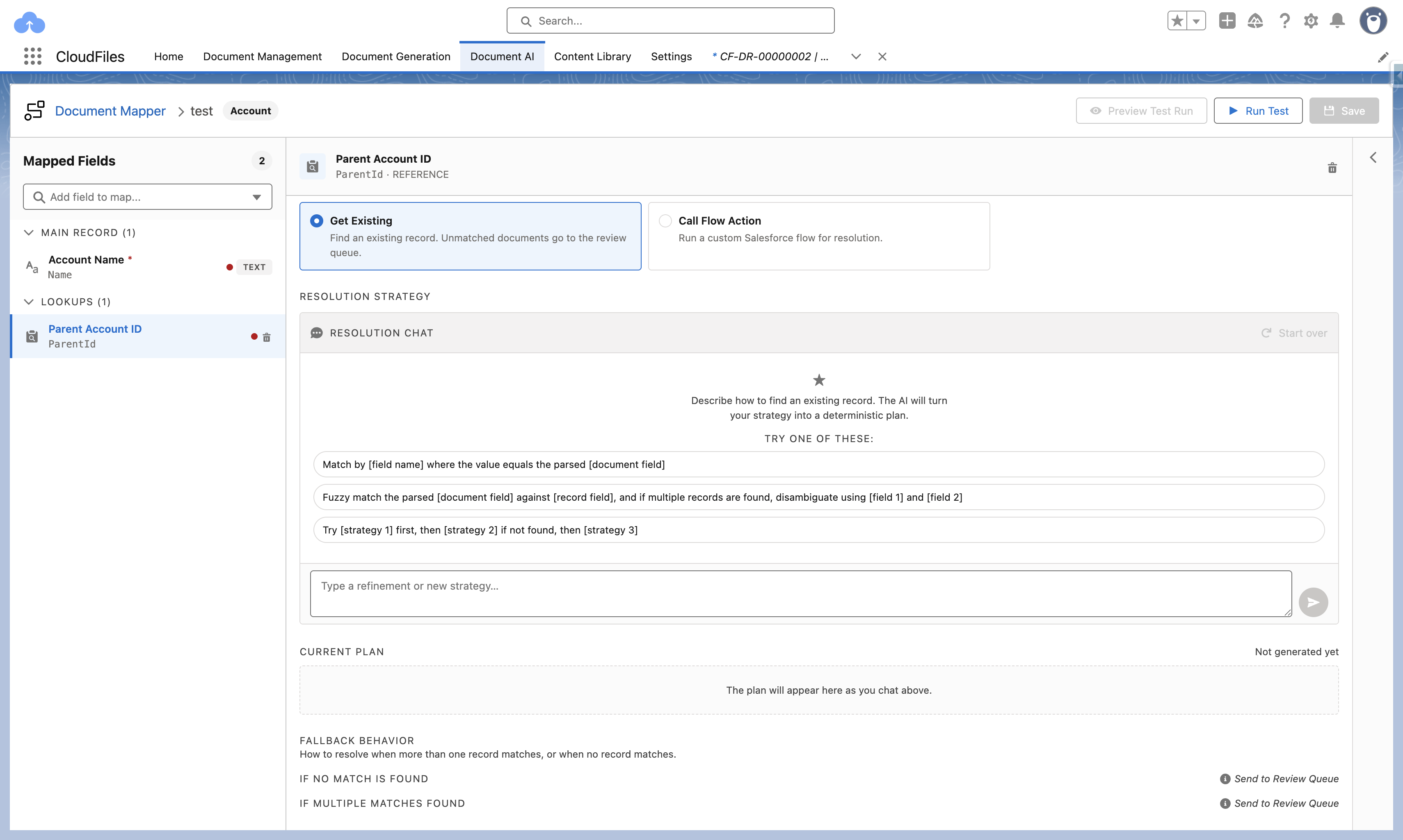 A lookup field set to Get Existing, showing the empty Resolution Chat with suggested strategy patterns