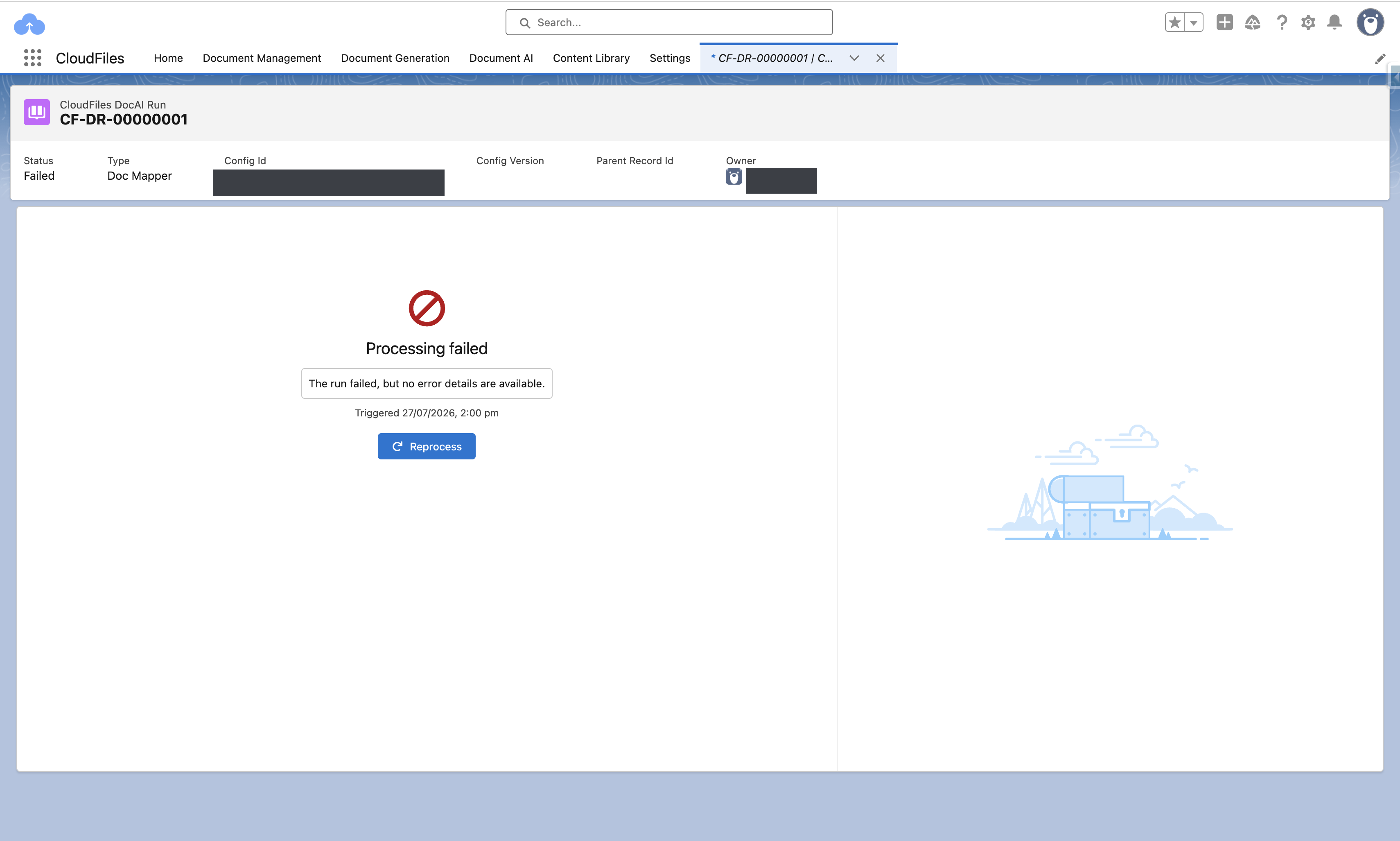 A failed CloudFiles DocAI Run showing a Processing failed message and a Reprocess button