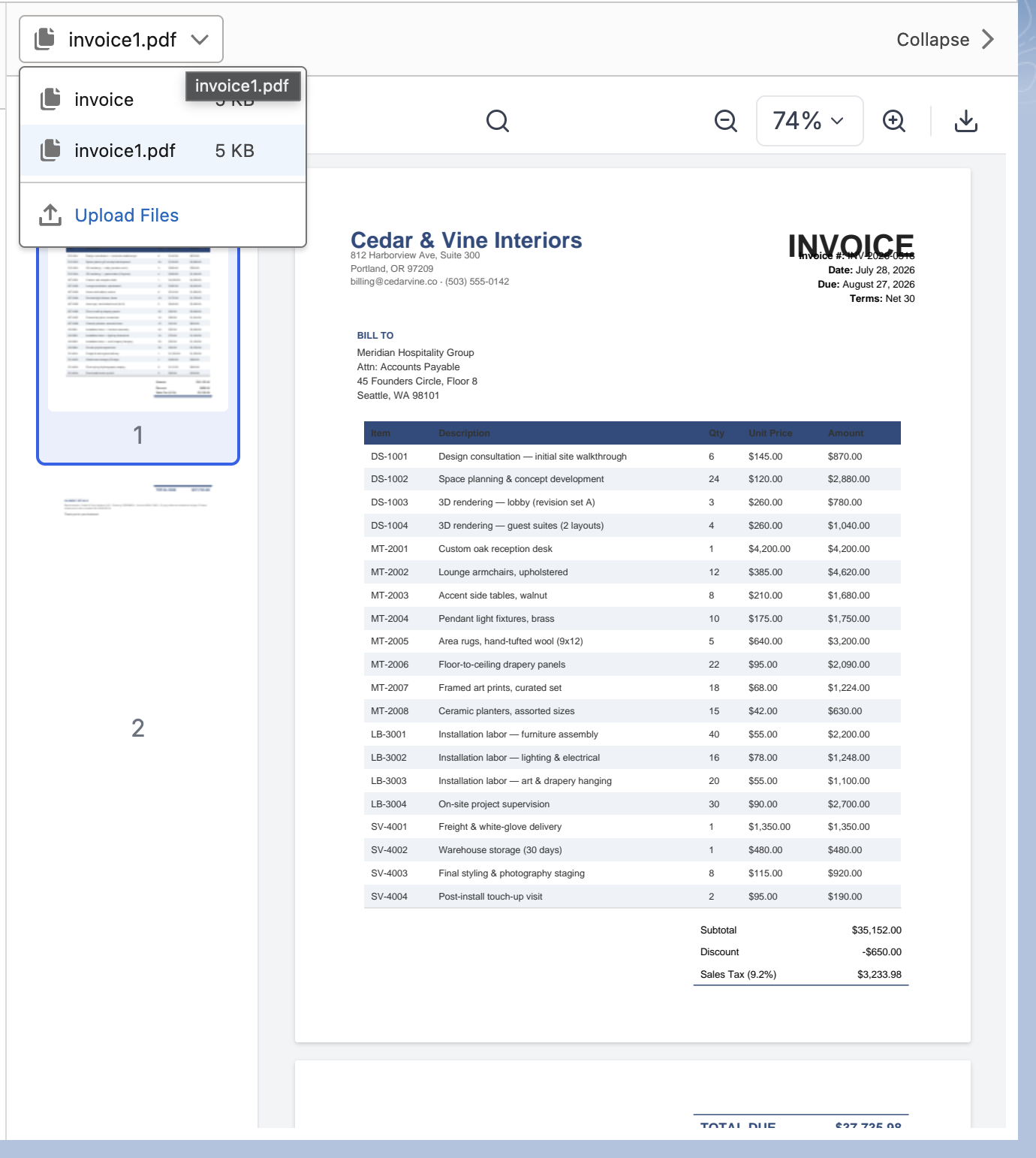 The document dropdown at the top of the preview pane showing uploaded files and an Upload Files option, over a sample invoice