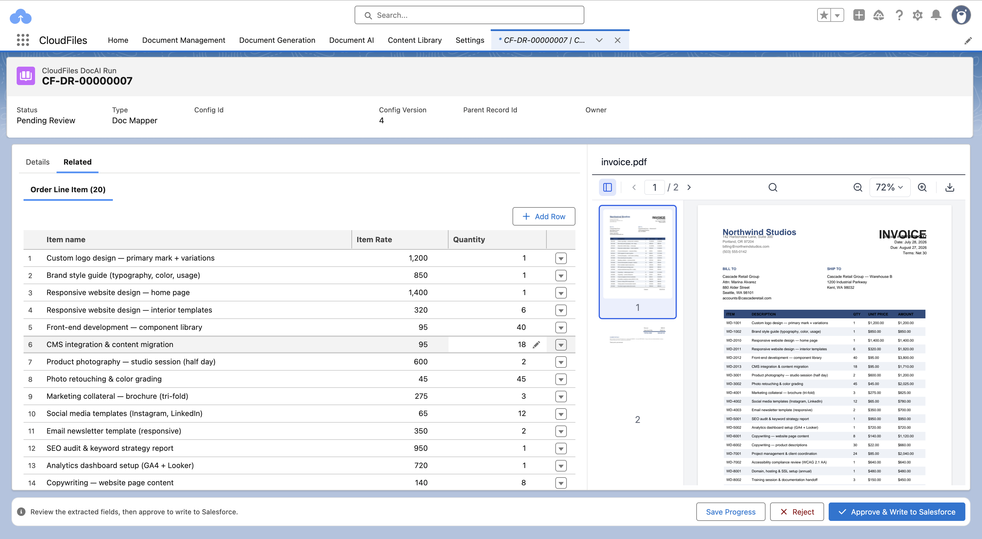 The run review workspace showing a Pending Review run with its extracted line items beside the source invoice