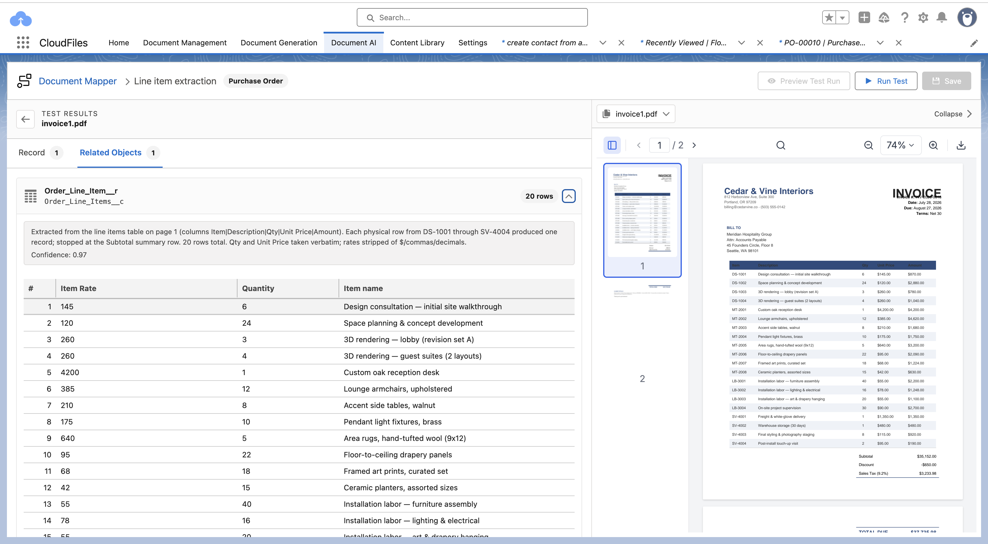 Test results showing extracted invoice line items with a 0.97 confidence score