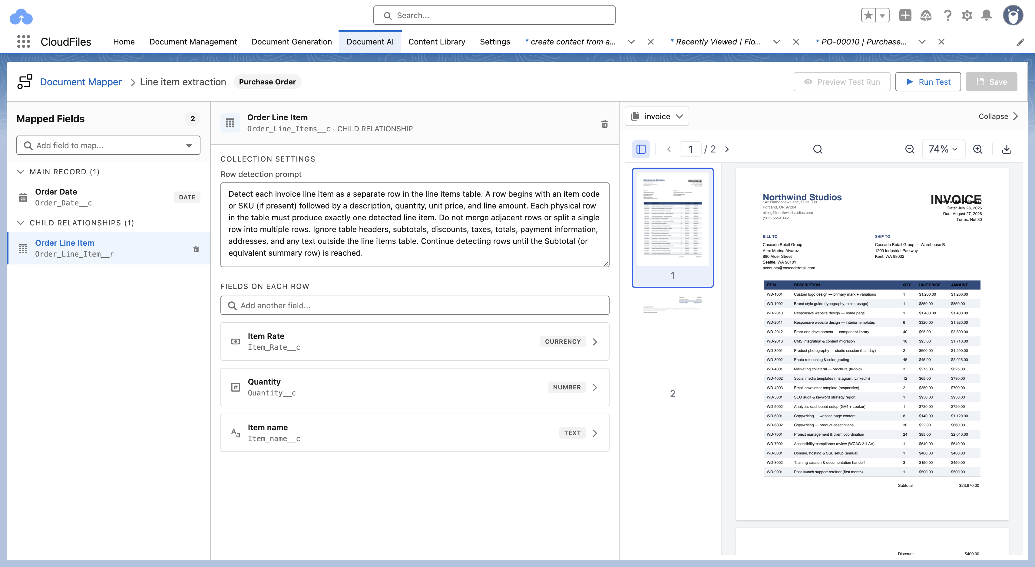 Line-item extraction configured against an invoice