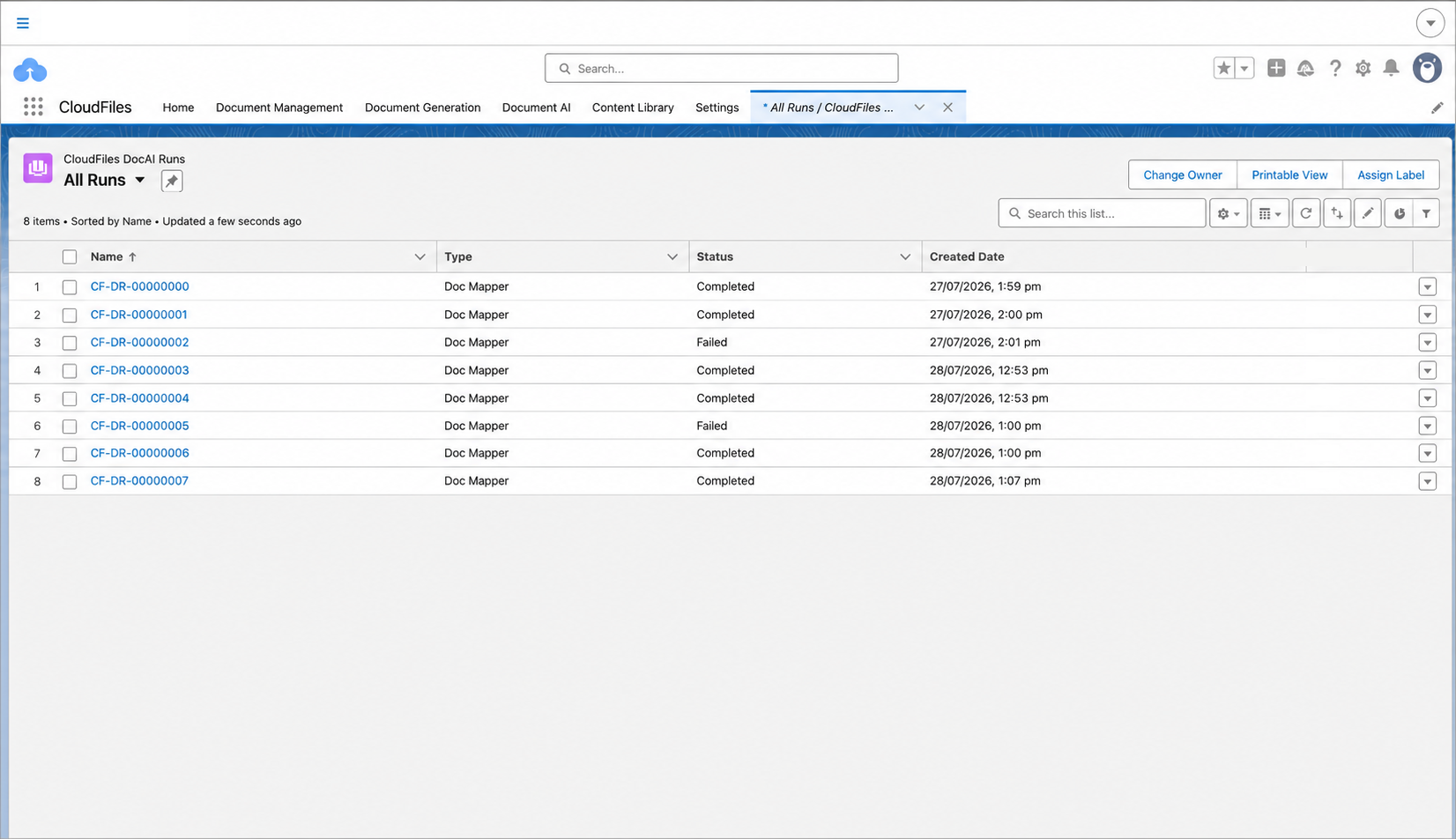 The CloudFiles DocAI Runs All Runs list view