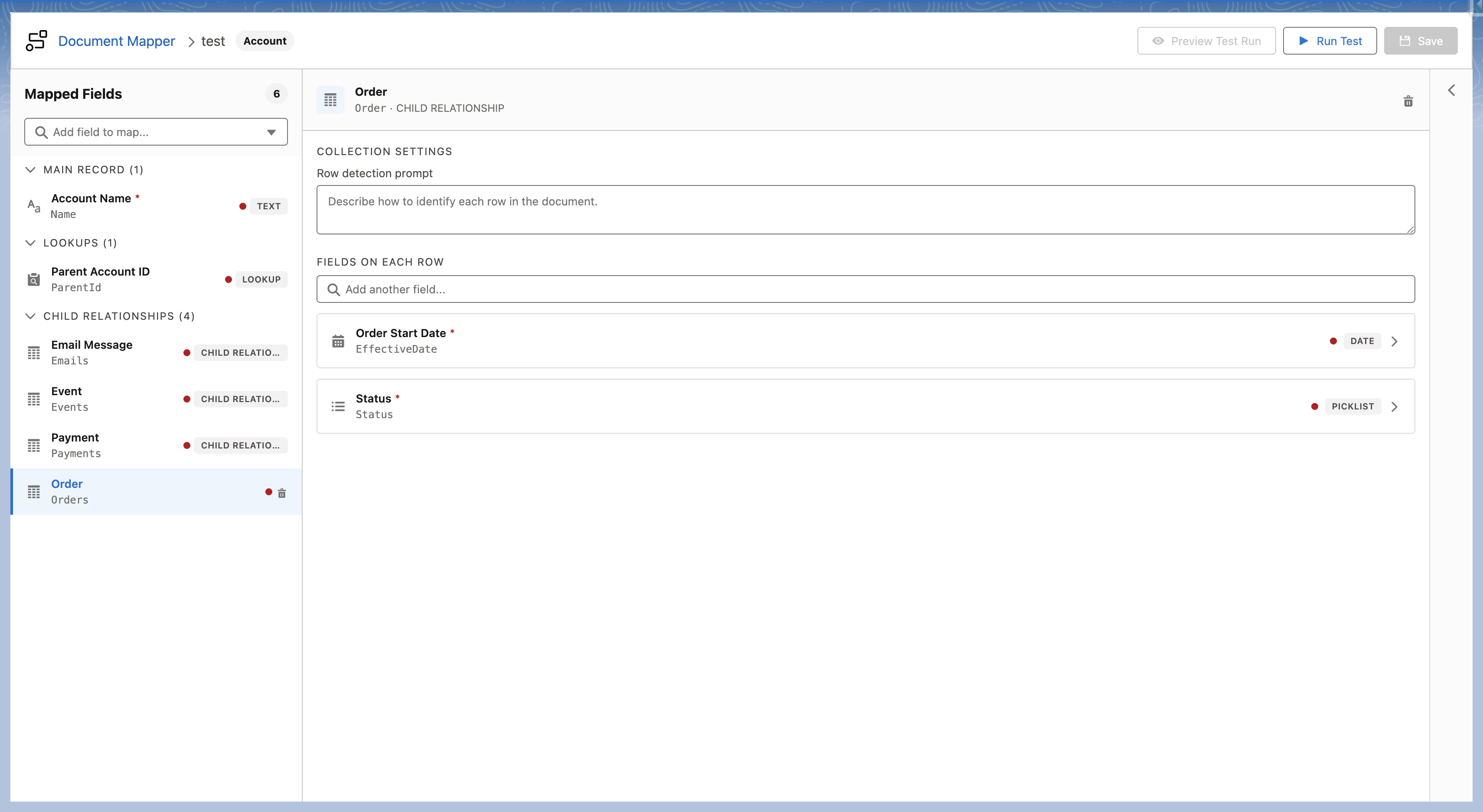 The mapper workspace with fields grouped into Main Record, Lookups, and Child Relationships