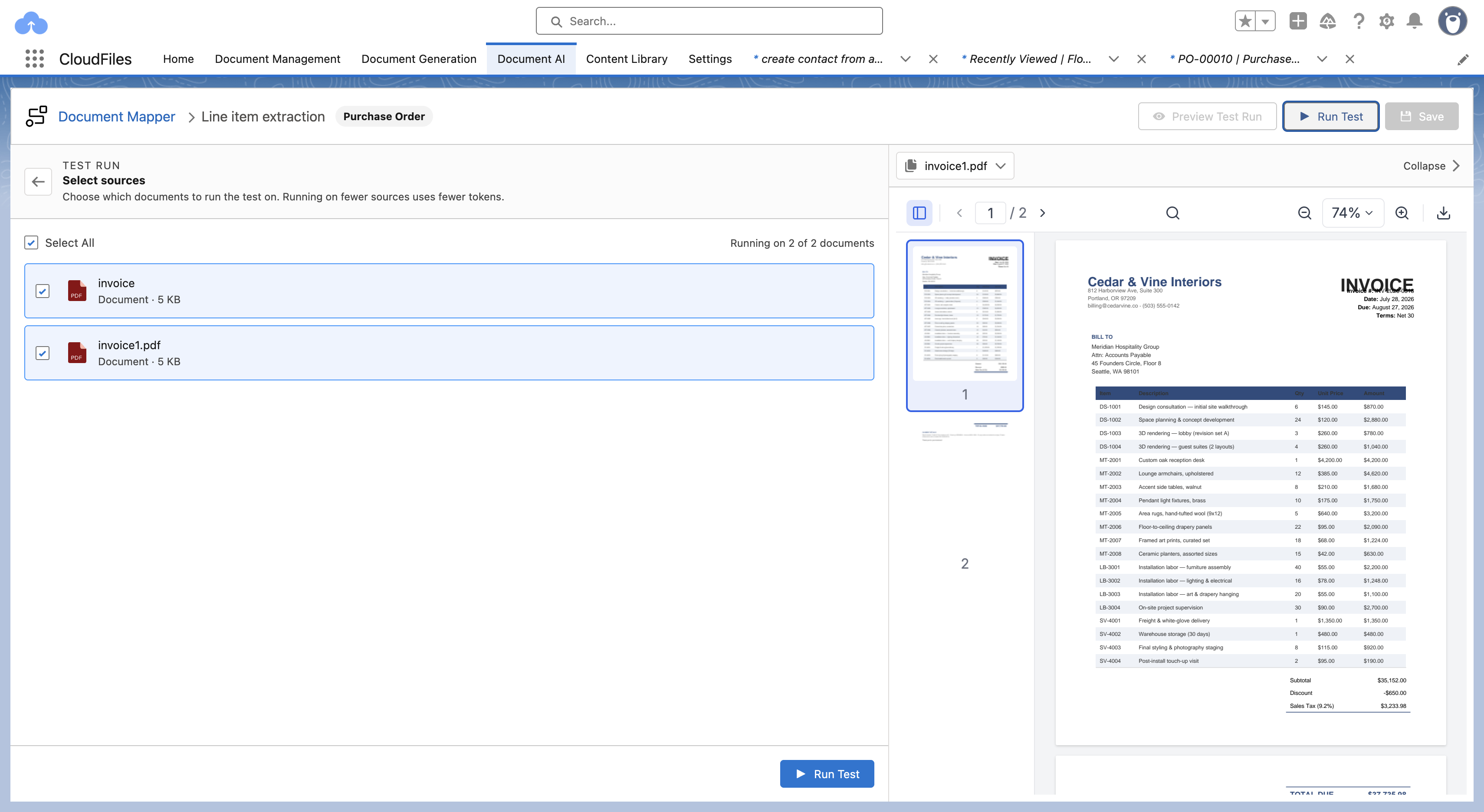 The test-run Select sources step on an invoice