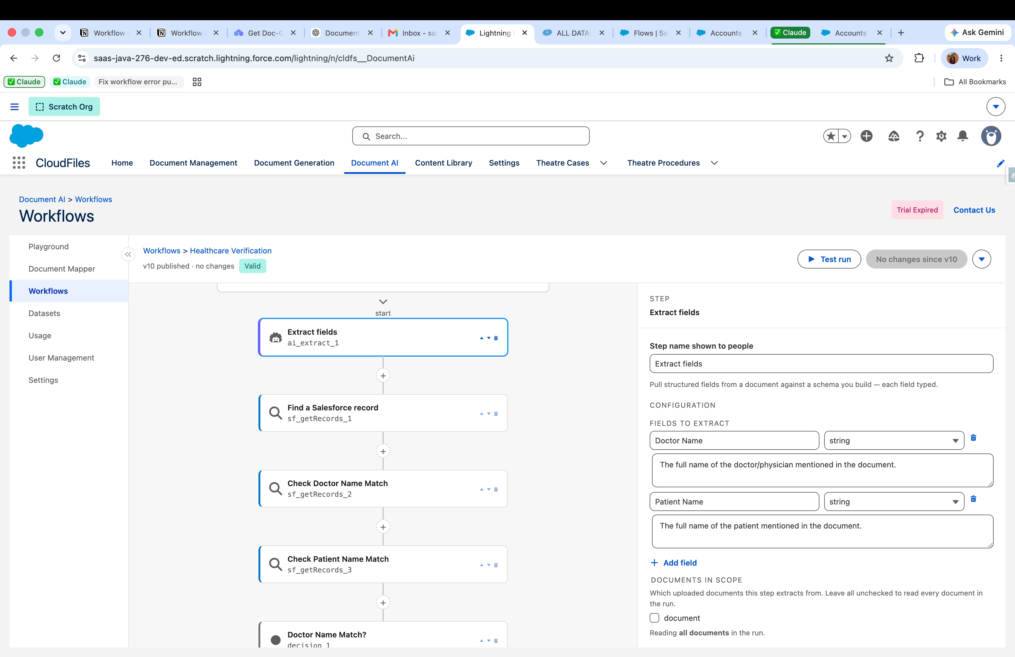 An Extract Fields step configured with a schema of described fields
