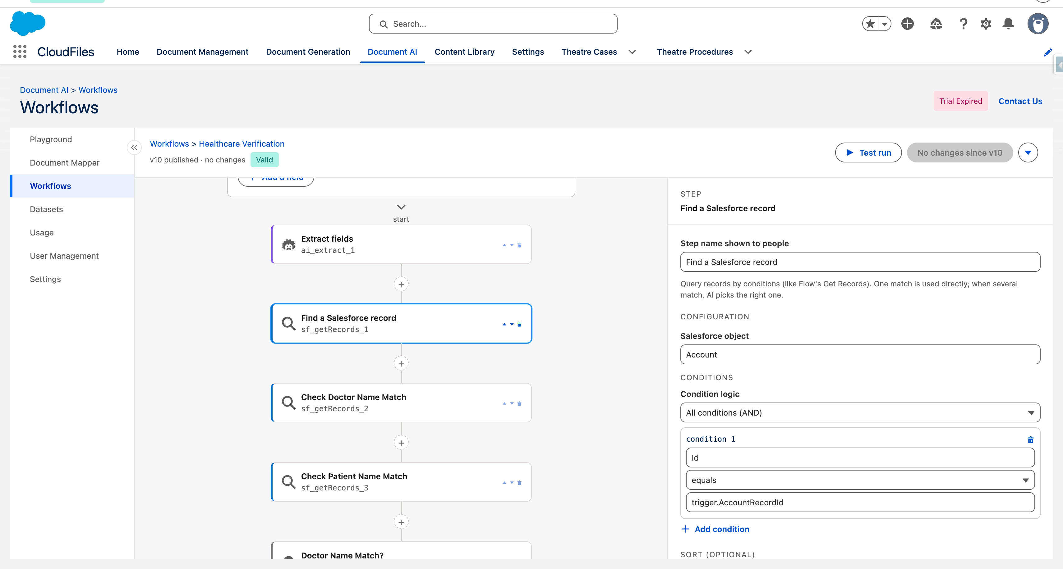 A Find Record step configured to match a Salesforce record