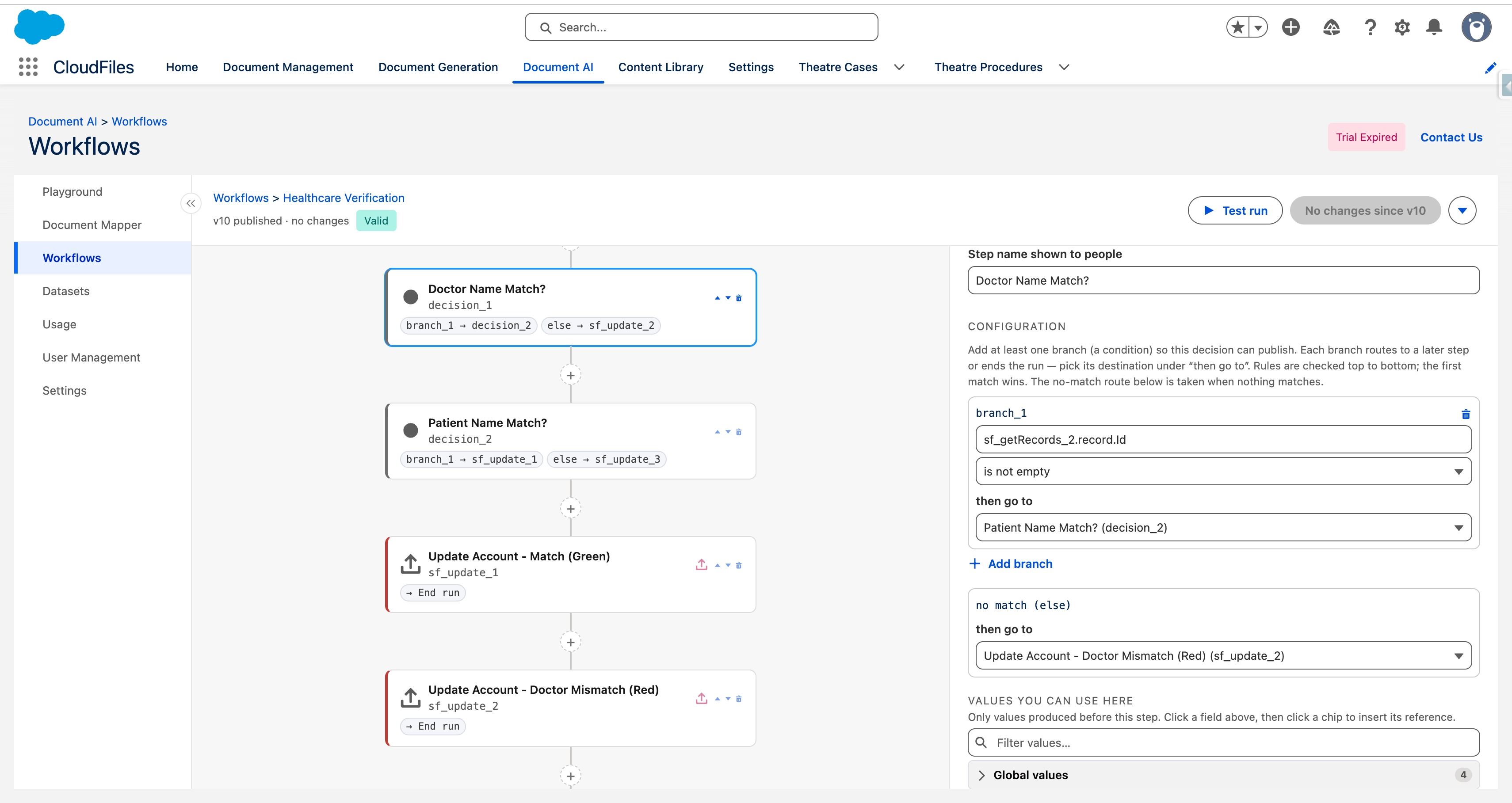 A Decision step routing a run down different paths based on document type