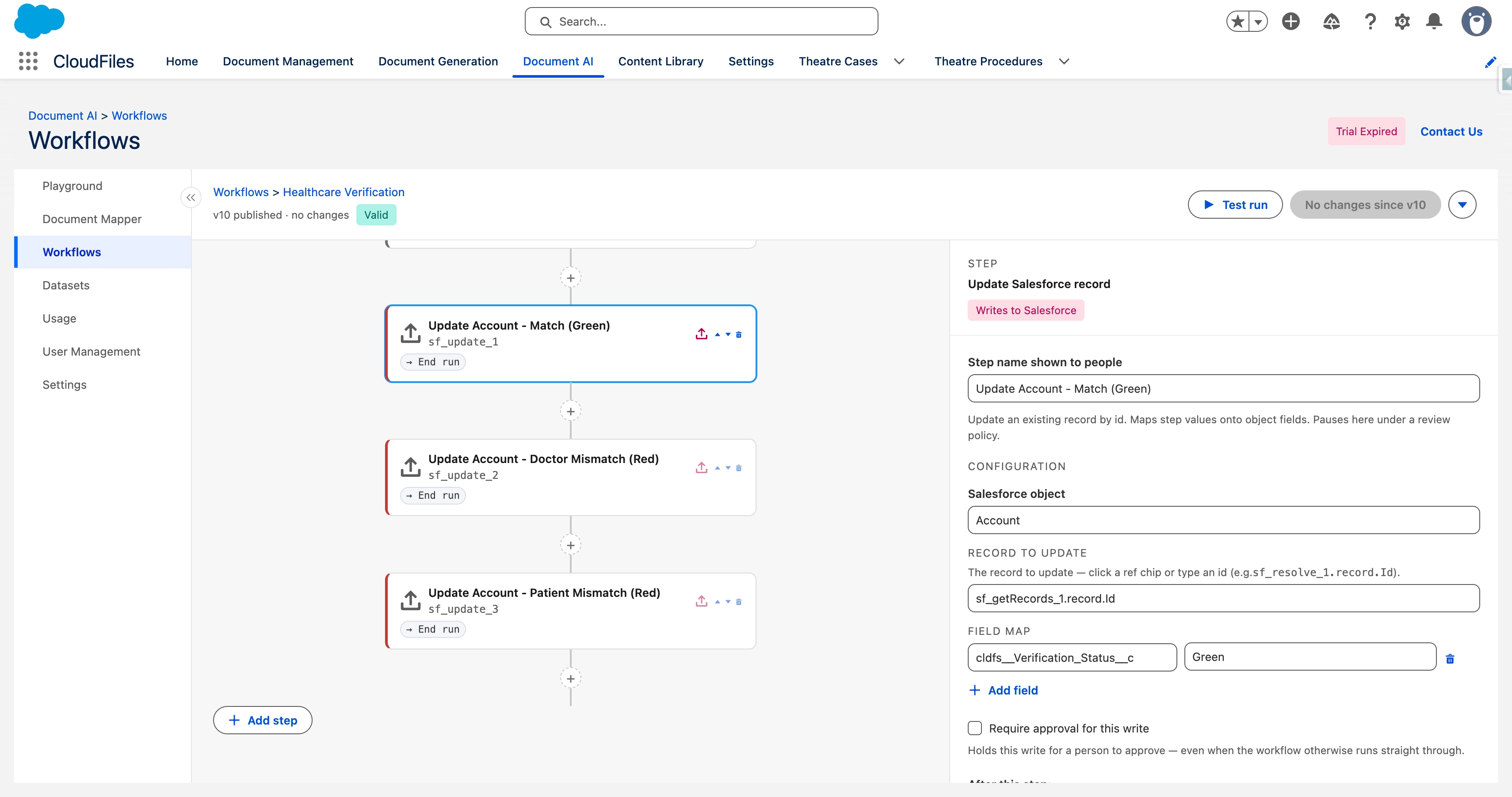 An Update Record step mapping extracted values onto Salesforce object fields