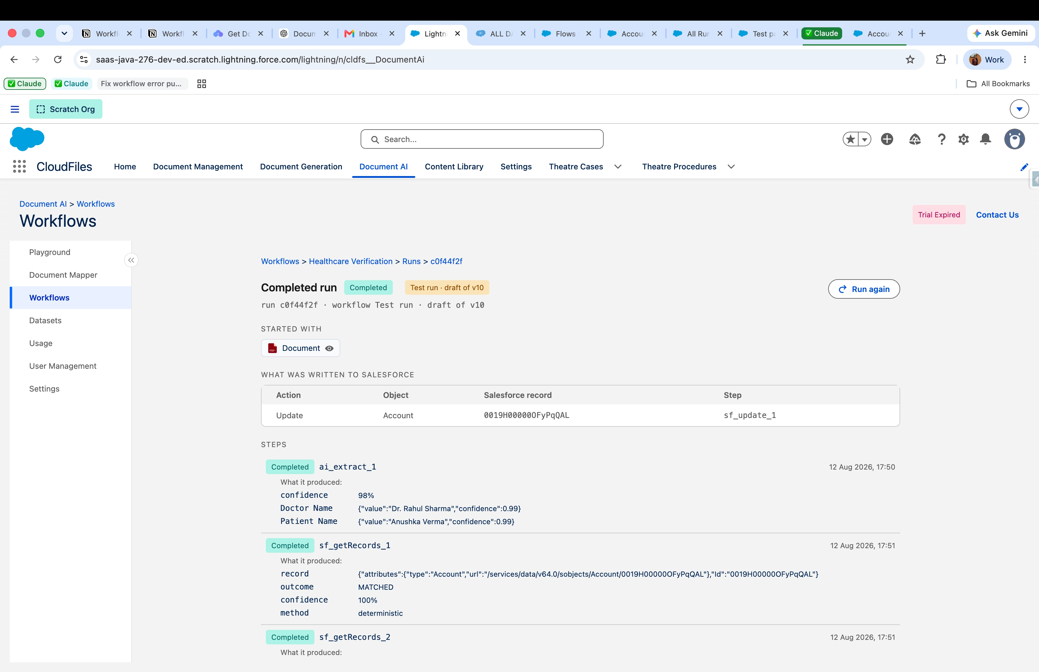 A workflow run detail screen showing extracted values, confidence scores, decisions, and writes