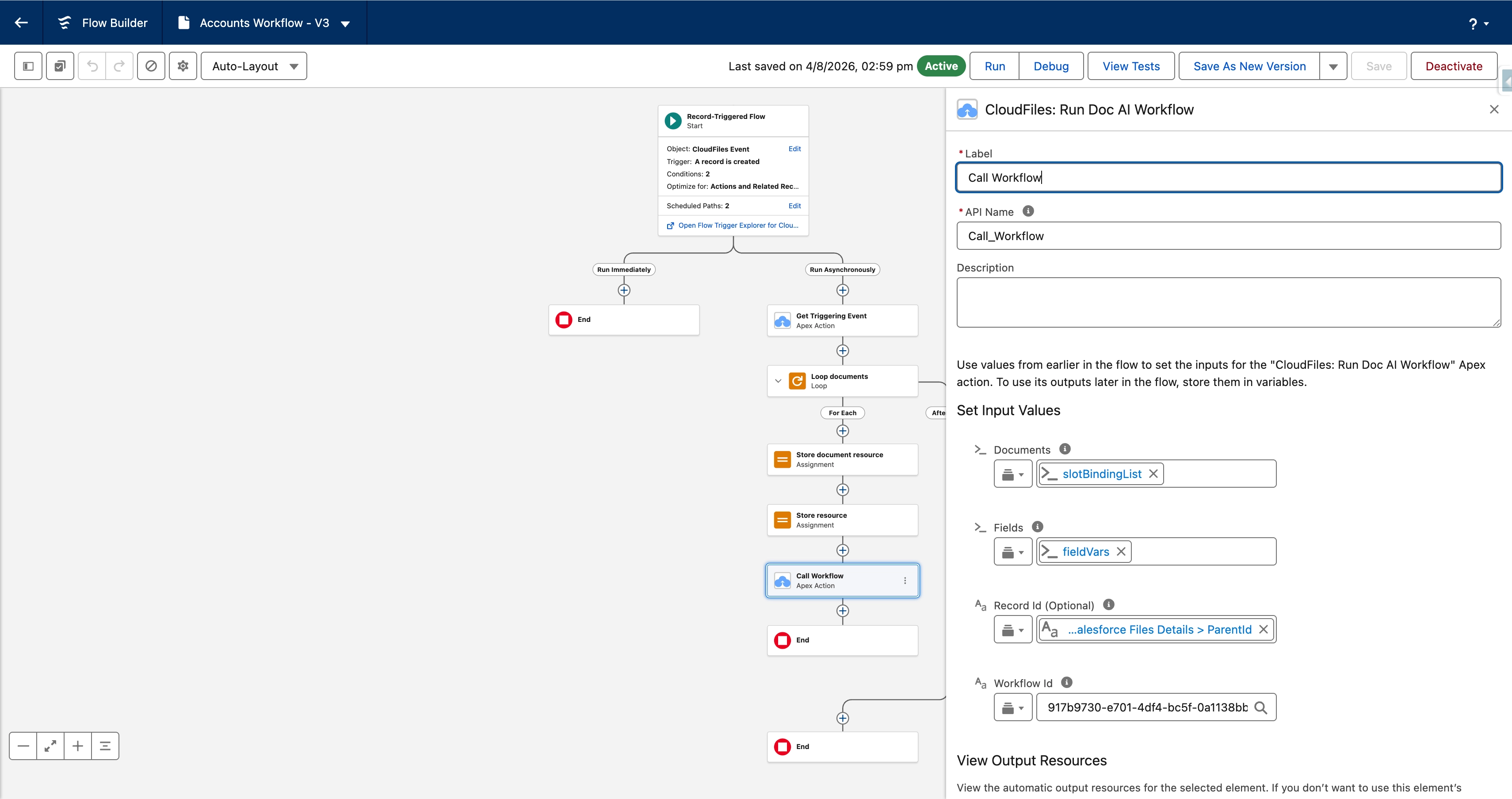 The CloudFiles: Run Doc AI Workflow action configured inside a Salesforce Flow