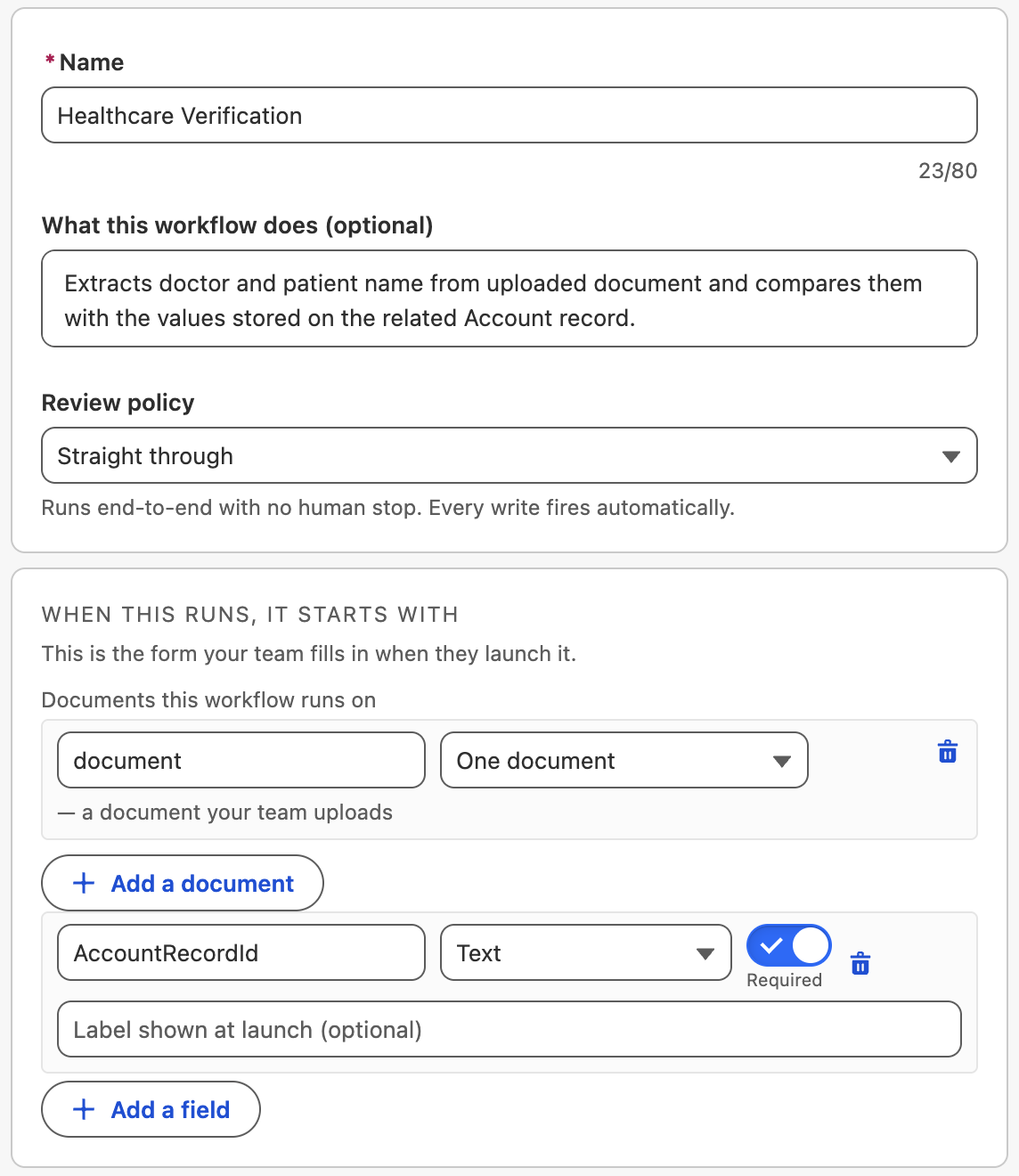 The Workflows launch form showing document and value inputs for a run