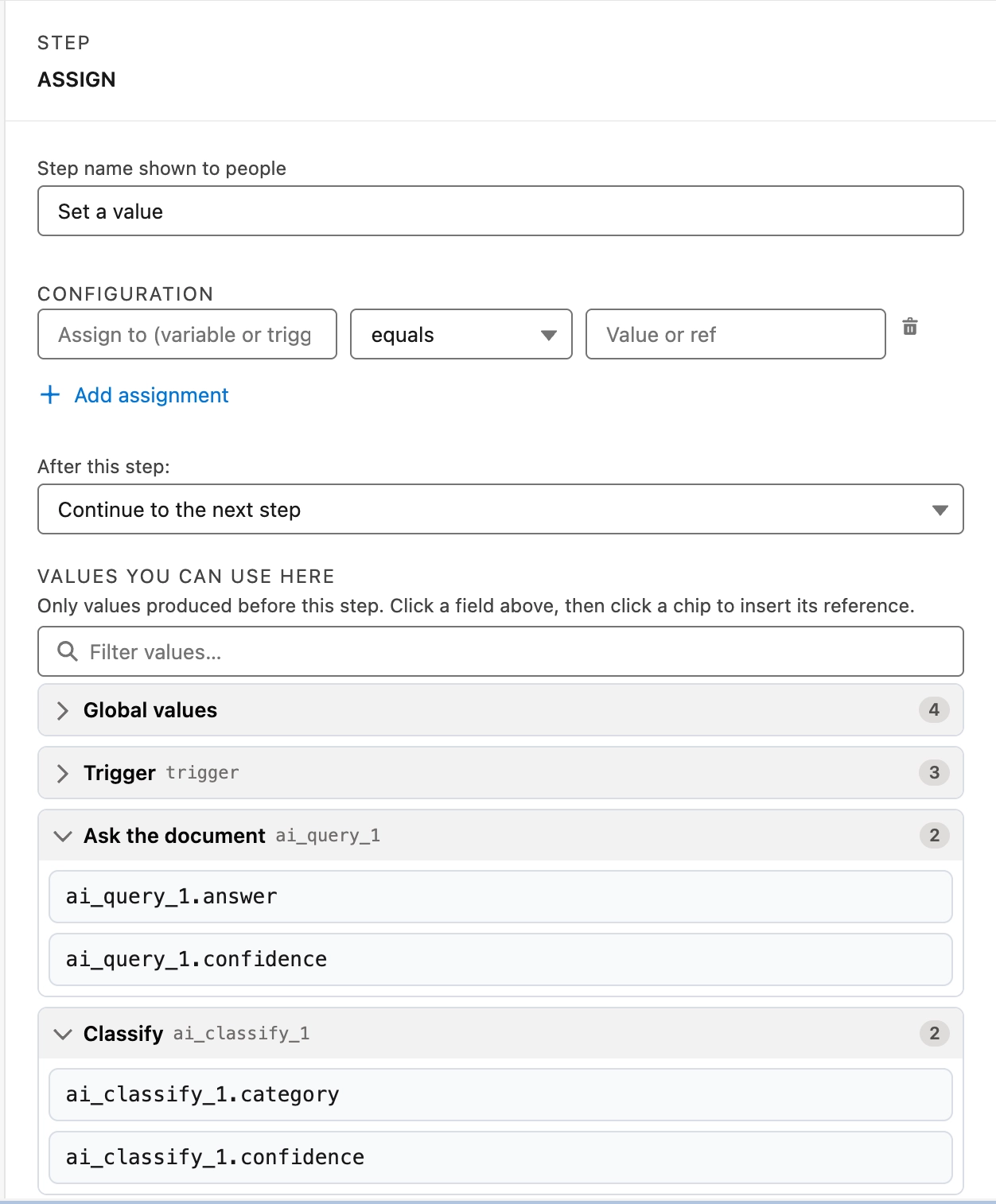 A Set a value step, with two assignment rows