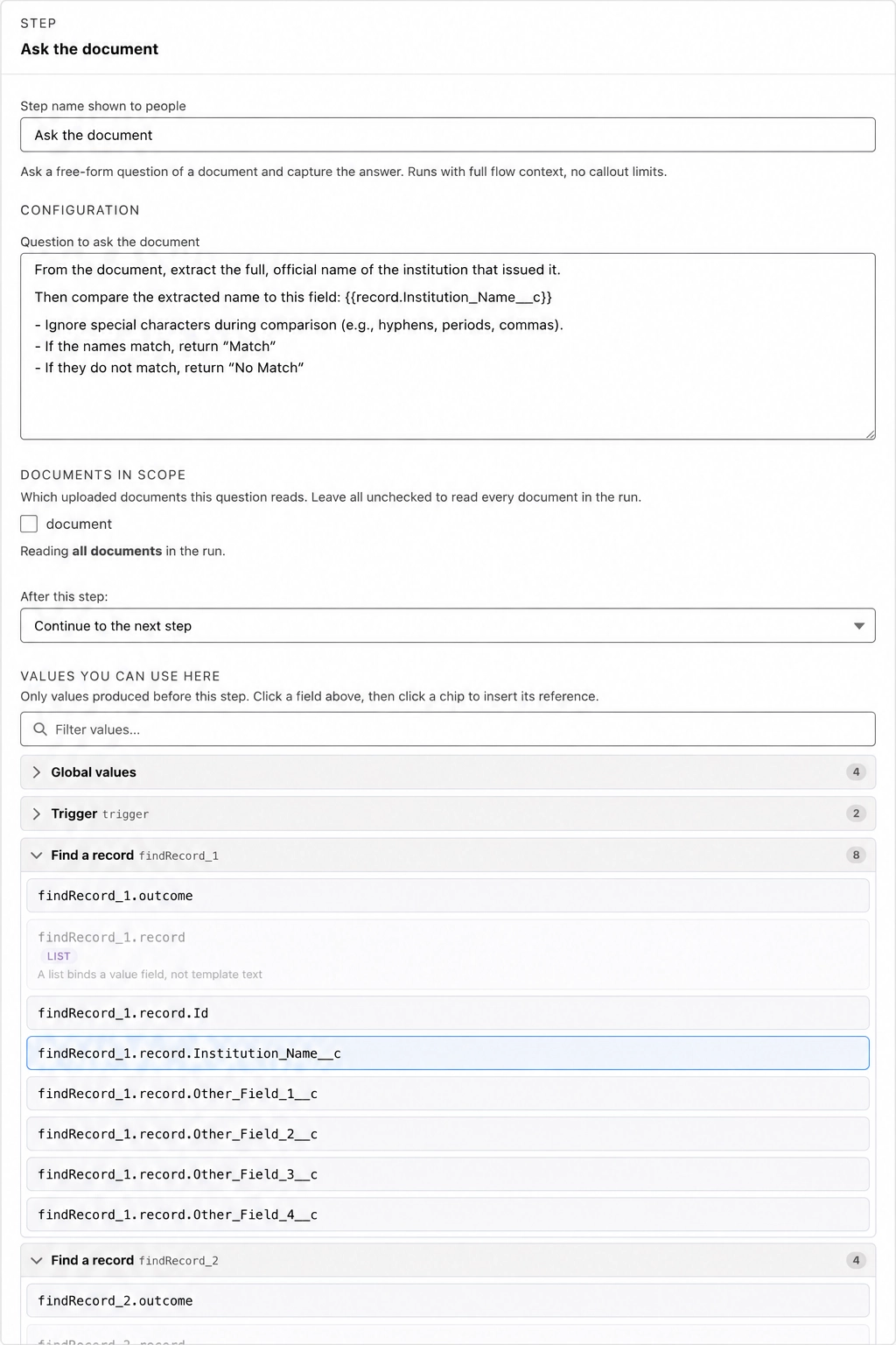 An Ask the document step showing a question with an inserted reference, and the