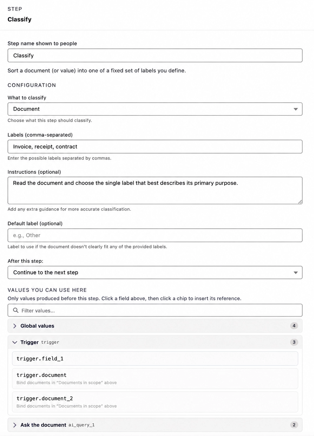 A Classify step with its comma-separated labels, optional instructions, and an optional default label for a document that fits none of them.