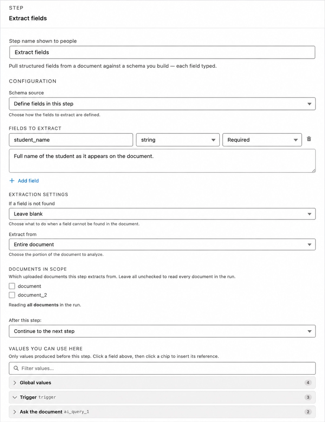 An Extract fields step with one typed field and its description, alongside the extraction settings that decide what happens when a field isn't found.