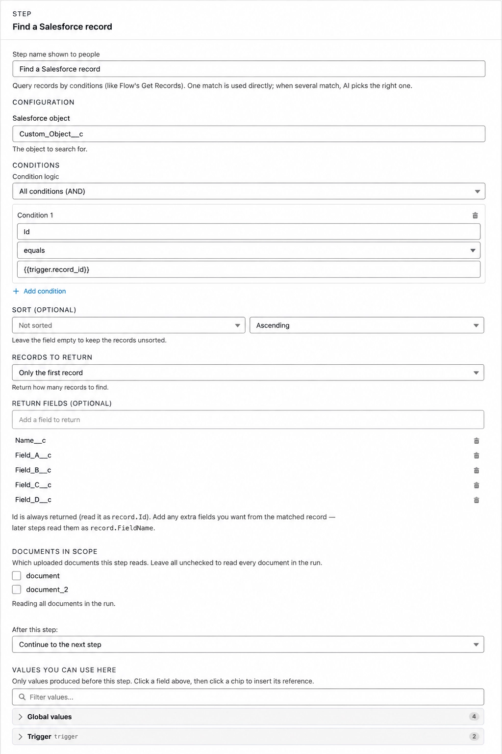 A Find a Salesforce record step, with a single Id-equals-trigger-field condition and its inspector open.