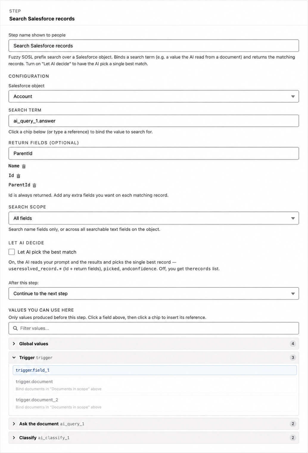 A Search Salesforce records step with its search term bound to an earlier AI step's answer.