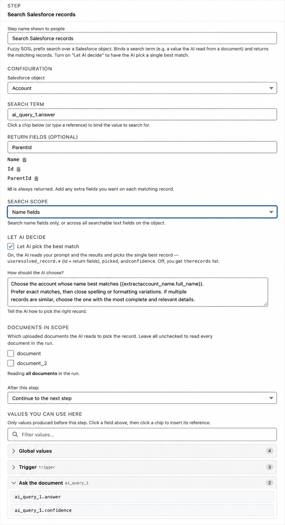 A Search Salesforce records step with 
