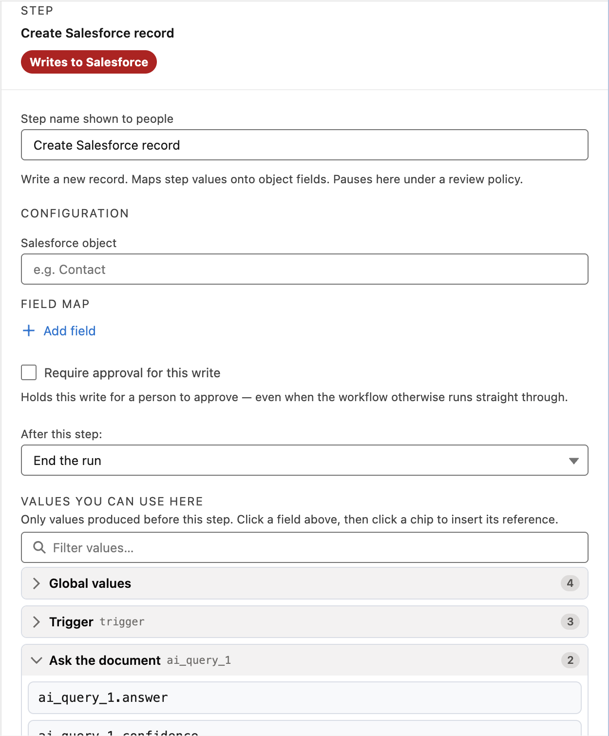 A Create Salesforce record step, showing the 