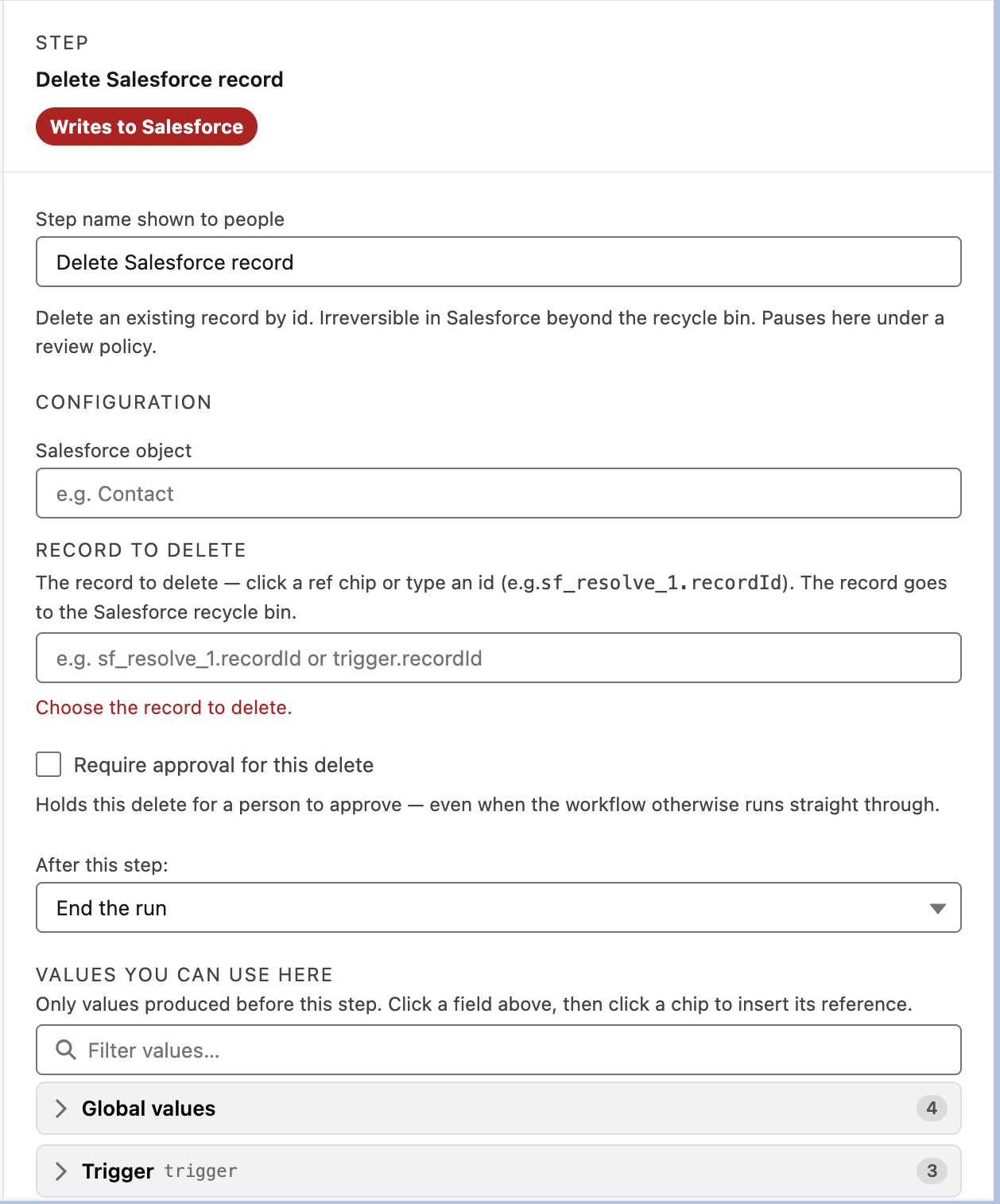 A Delete Salesforce record step with an unbound Record to delete field showing the 