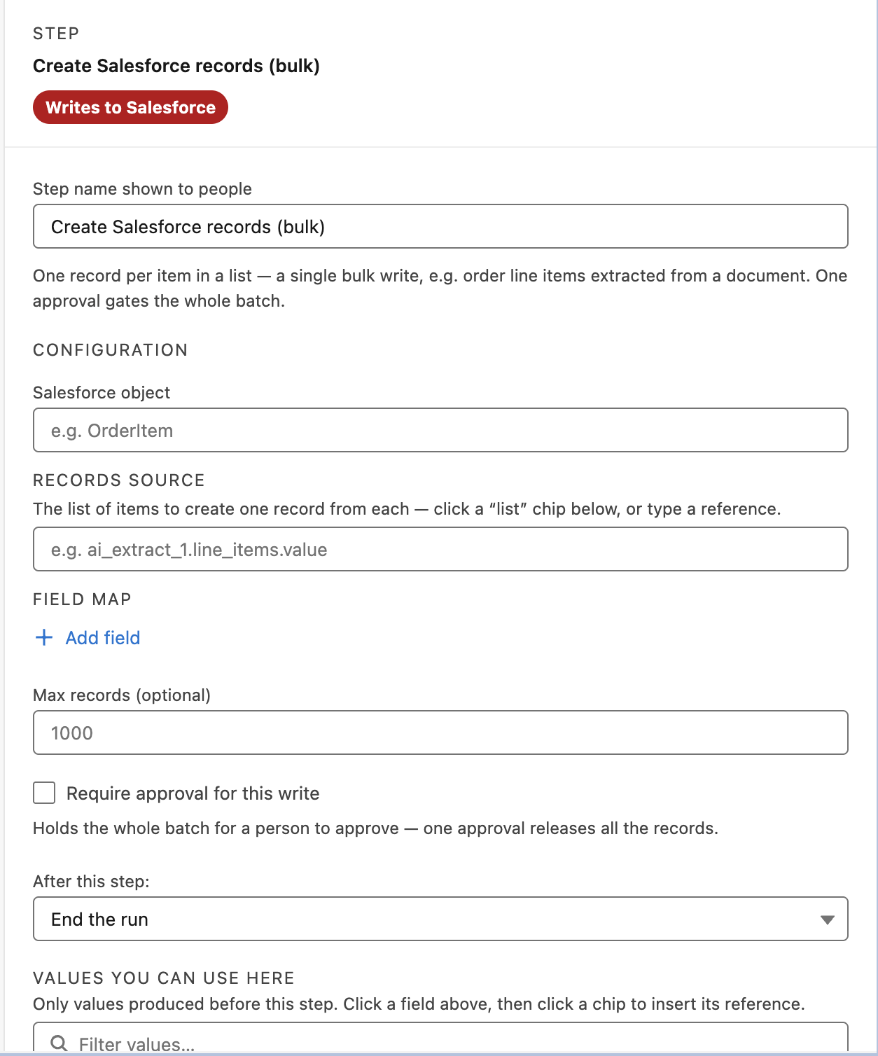 A Create Salesforce records (bulk) step, showing the Records source field, the field map, Max records, and the batch-level approval checkbox.