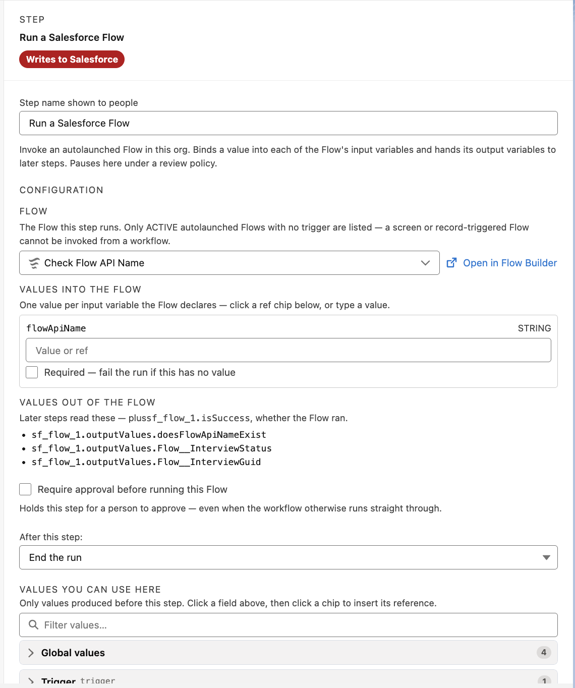 A Run a Salesforce Flow step with its inspector open: the Flow picker with a Flow chosen, the Values into the Flow rows showing each variable's type and its Required checkbox, and the Values out of the Flow reference list below.