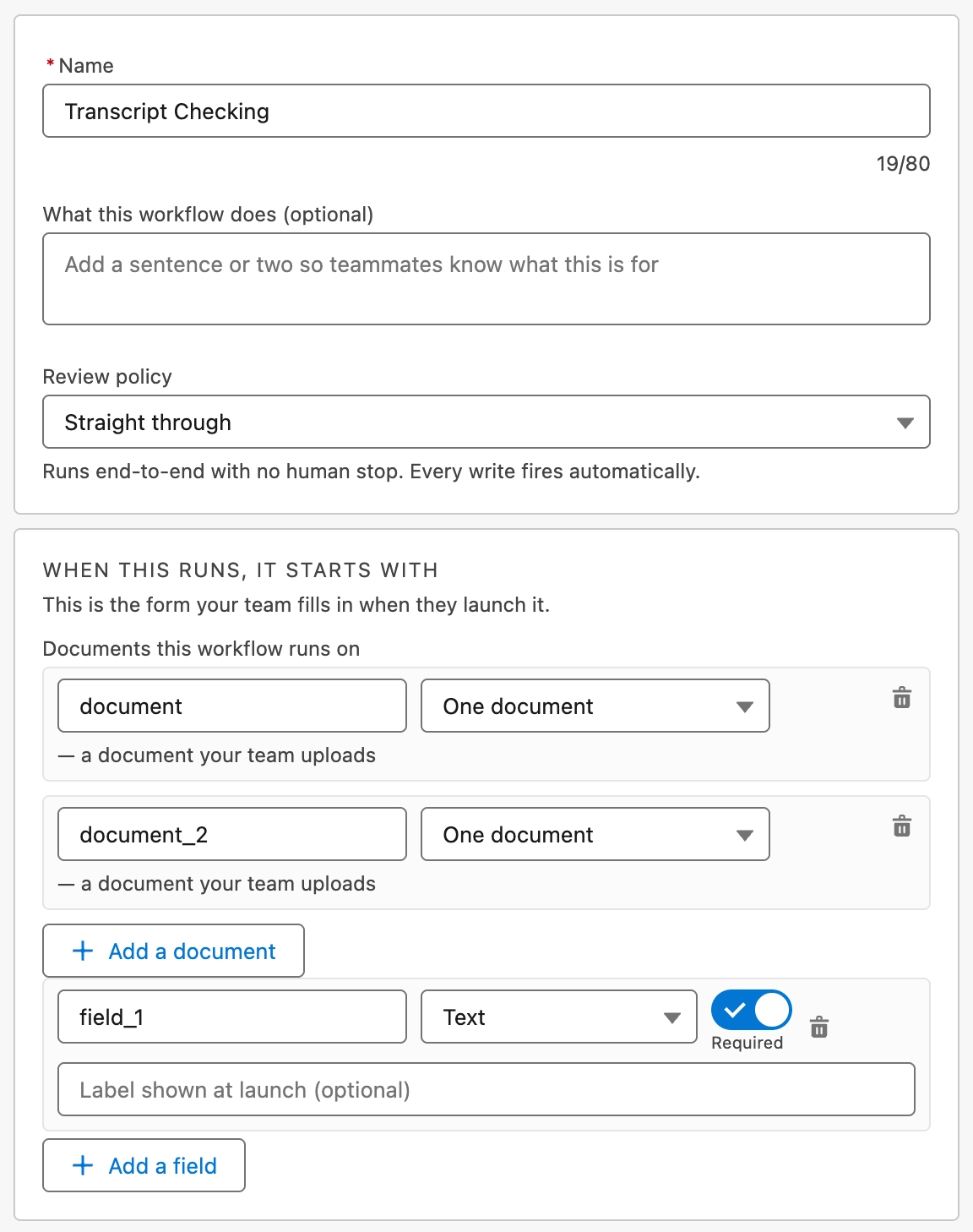 The launch form editor, showing a document slot and two typed fields with their required/optional toggles.