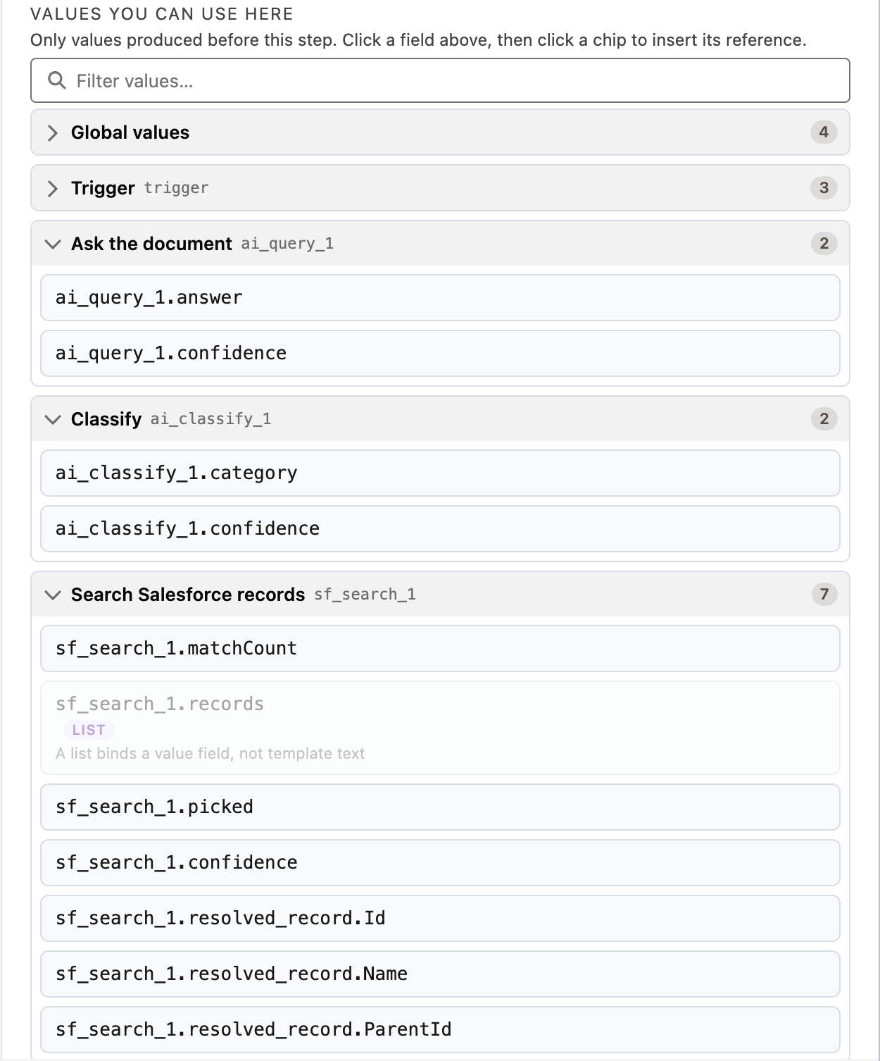 The reference picker with a lookup step's group expanded, showing its outcome, the record list chip, record.Id, and one chip per requested return field.