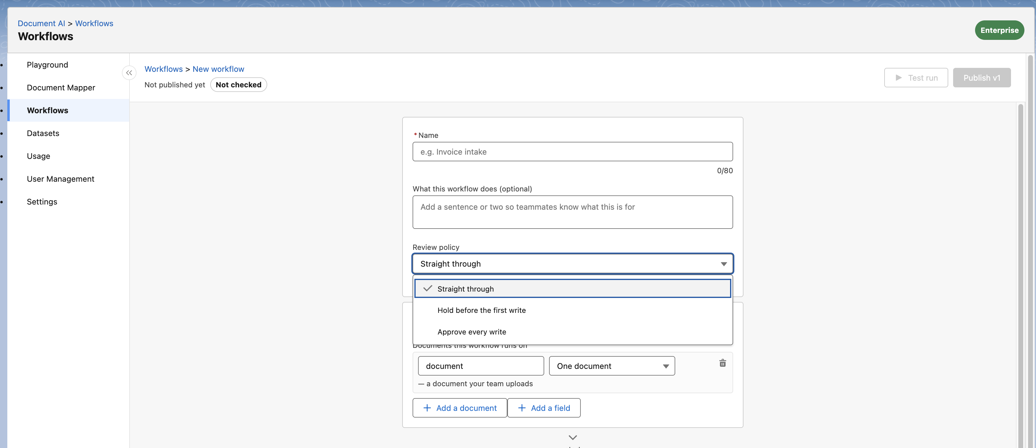 A new workflow's settings, with the Review policy dropdown open on its three options. Test run and Publish v1 stay disabled until the workflow has a name.