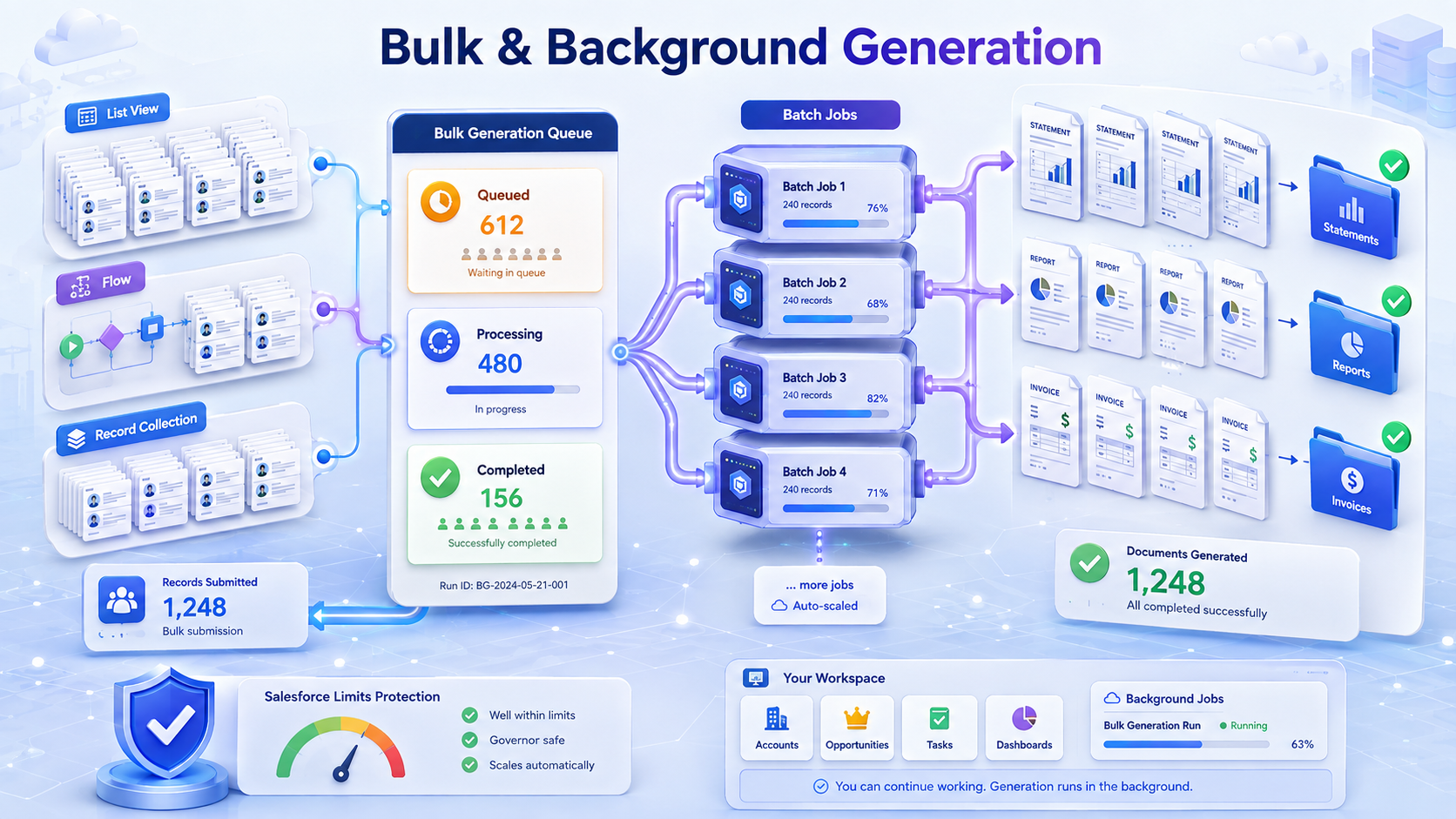 A large record set submitted as one bulk run, split across distributed batch jobs, and processed in the background into hundreds of generated documents