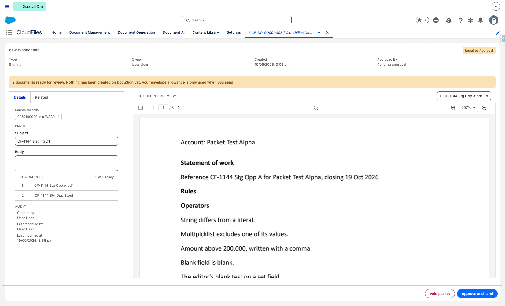 A Document Packet record in Requires Approval, with its documents in the viewer and the Void packet and Approve and send buttons