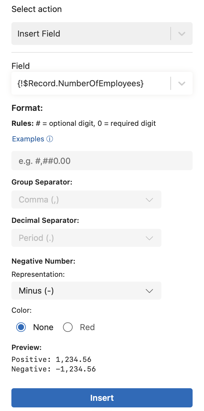 The Insert Field panel for a number field, showing the Format box with Examples, the Group Separator and Decimal Separator dropdowns, the Negative Number Representation and Color options, and a Preview of a positive and a negative value