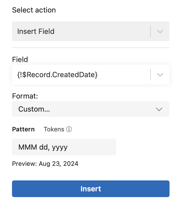 Custom date pattern with live preview in the Insert Field panel