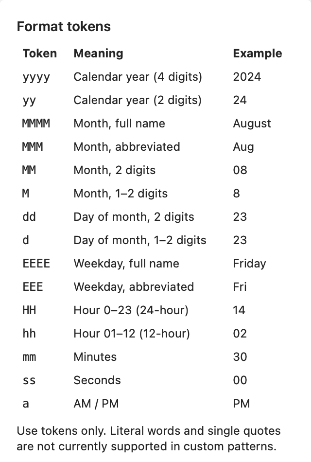 Supported date format tokens with meanings and examples