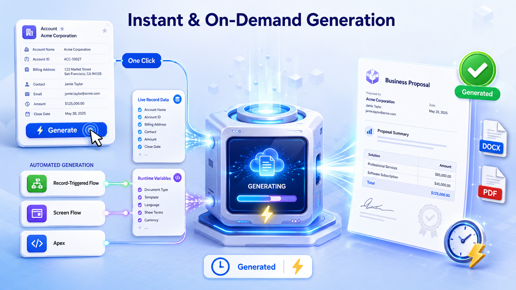 A one-click Generate button on a Salesforce account record feeding live record data and runtime variables into the generation engine, producing a finished Business Proposal document as DOCX or PDF; below it, a Record-Triggered Flow, Screen Flow, and Apex action trigger the same automated generation