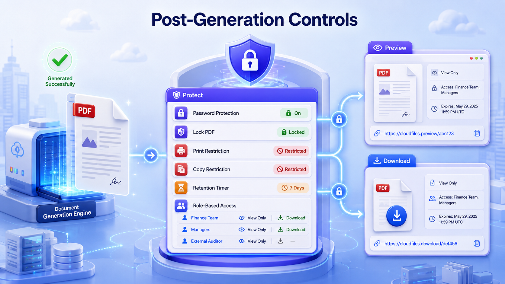 A generated document locked down with PDF security and retention settings, alongside an instant PreviewURL and DownloadURL with expiration and view-only controls