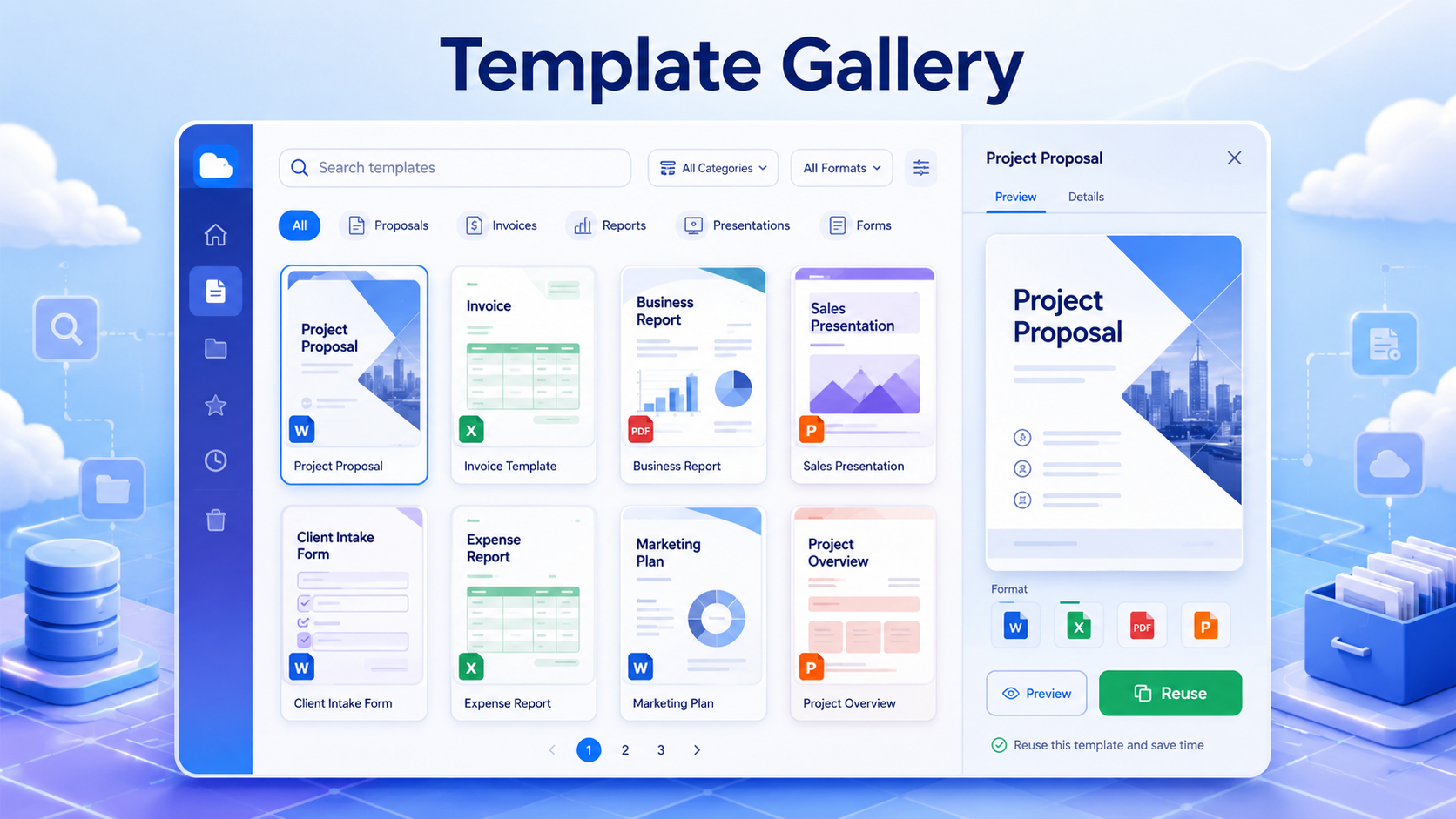 The Template Gallery, showing the searchable template library with preview and reuse options