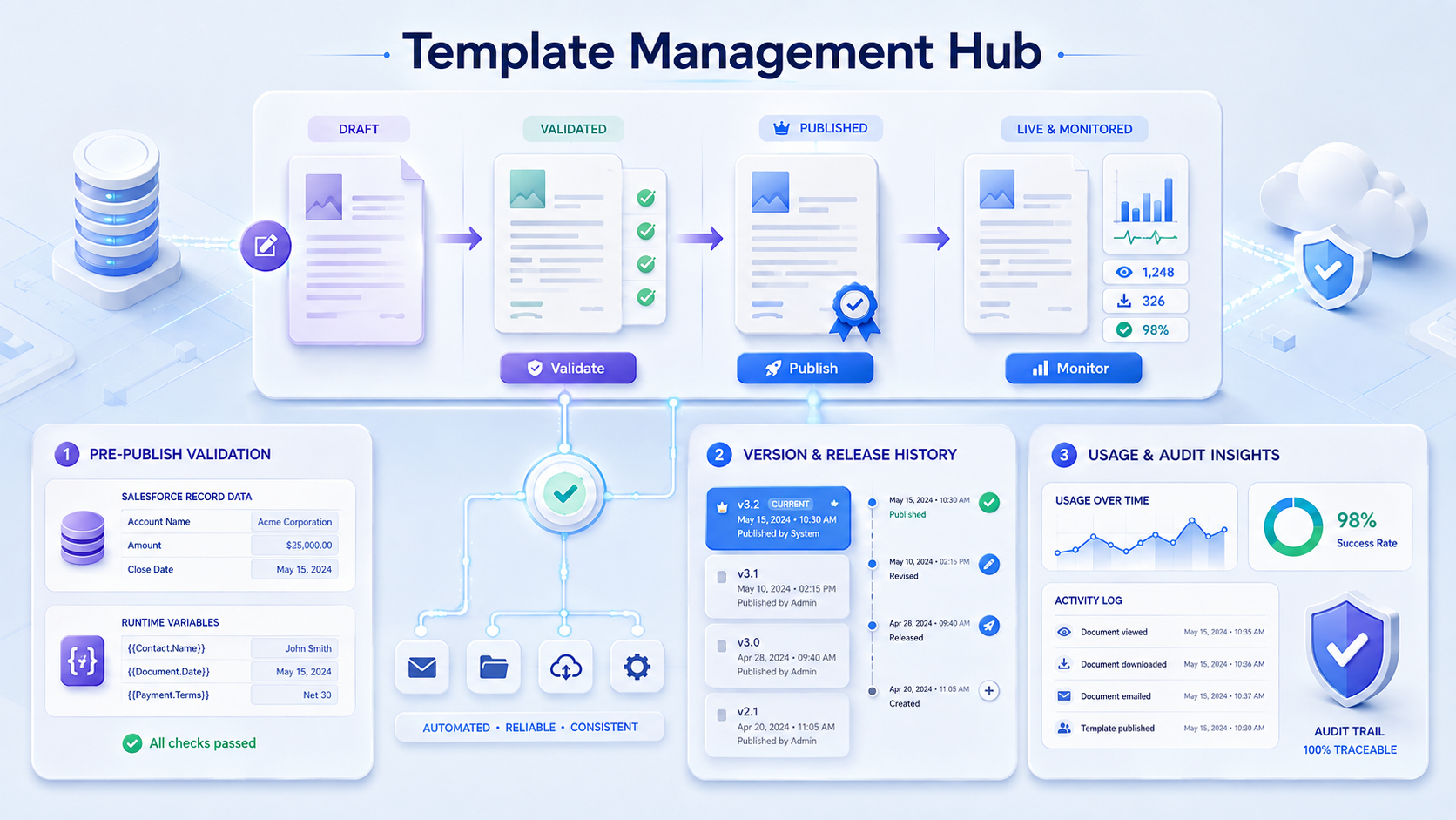 Diagram of a template moving through Draft, Validated, Published, and Live & Monitored stages, alongside the Pre-Publish Validation, Version & Release History, and Usage & Audit Insights panels