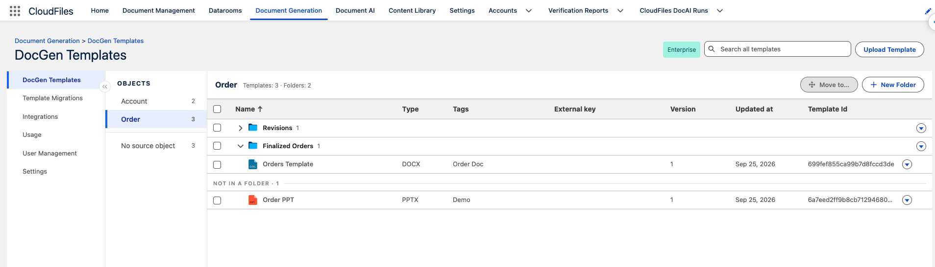 The DocGen Templates page with the Order object selected, showing the Revisions and Finalized Orders folders above the templates not in a folder