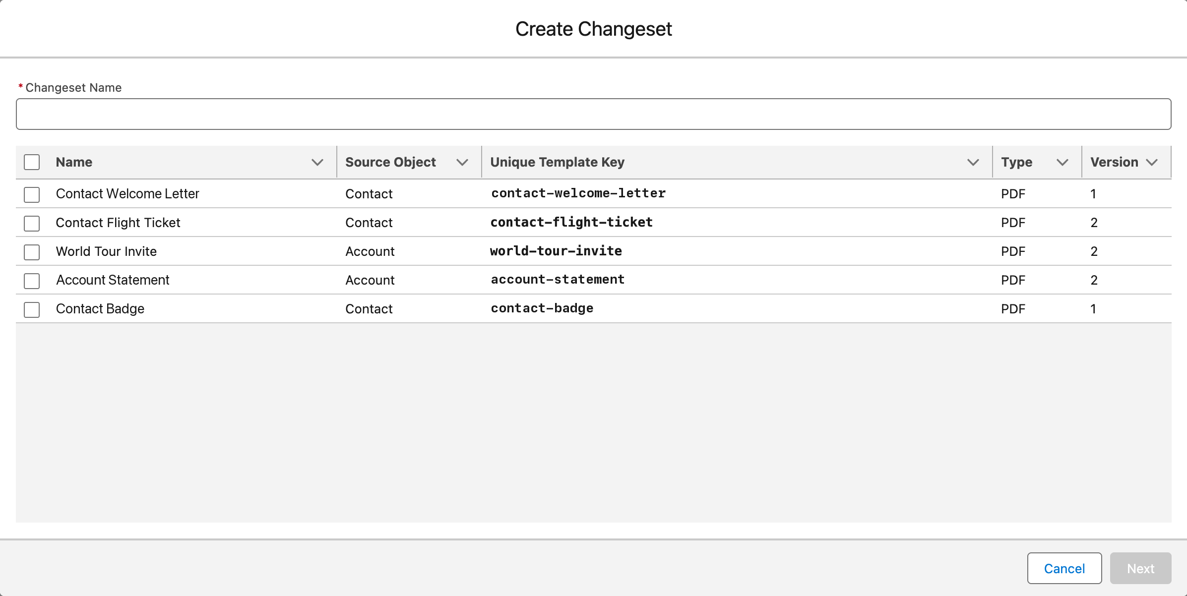 The Create Changeset dialog listing templates with their source object, Unique Template Key, type and version